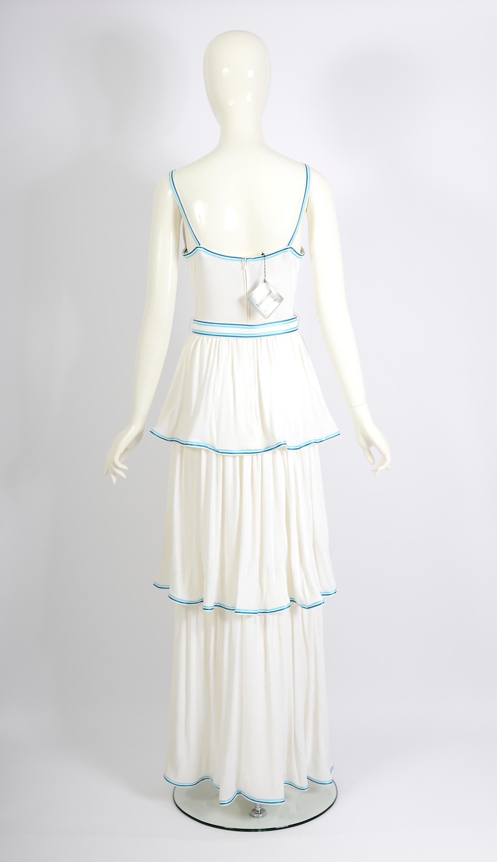 Louis Féraud vintage 1970s white jersey bleu ribbon trimmed maxi dress + belts For Sale 2