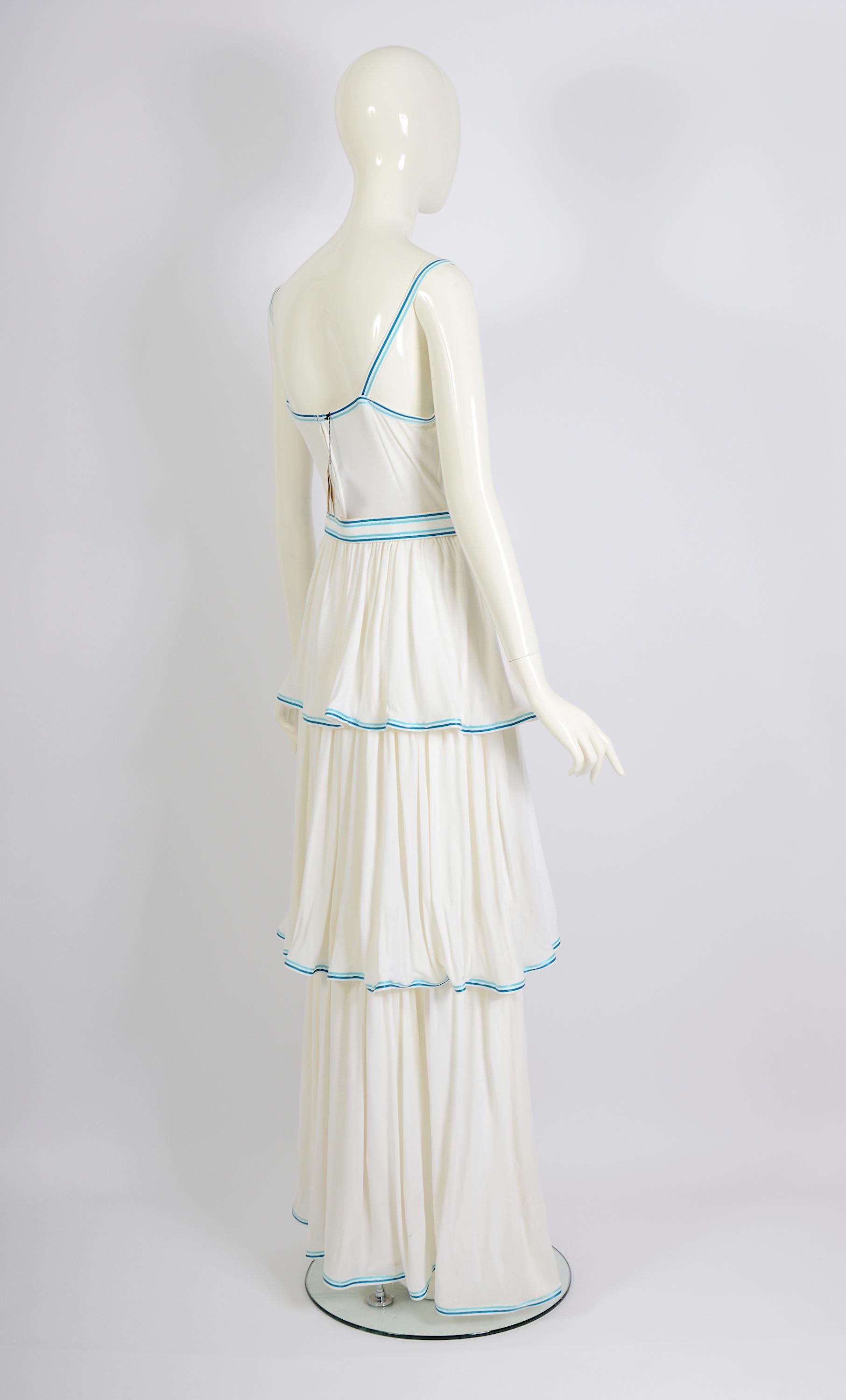 Louis Féraud vintage 1970s white jersey bleu ribbon trimmed maxi dress + belts For Sale 3