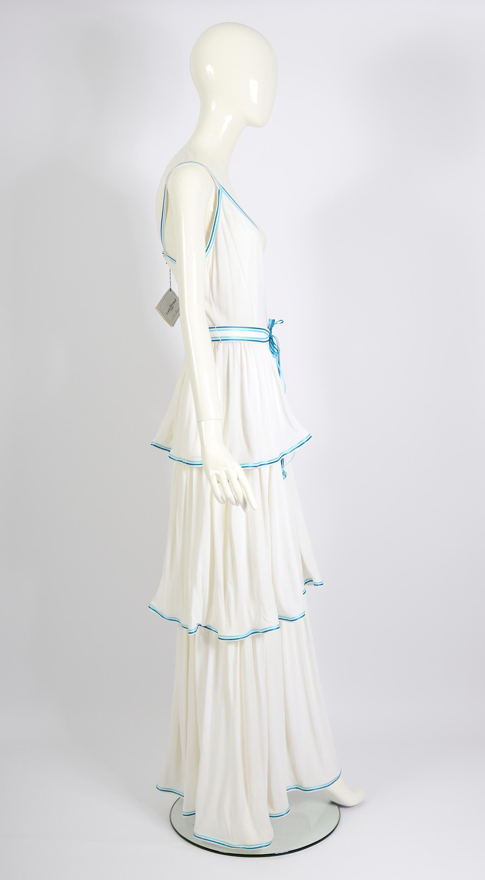 Louis Féraud vintage 1970s white jersey bleu ribbon trimmed maxi dress + belts For Sale 4