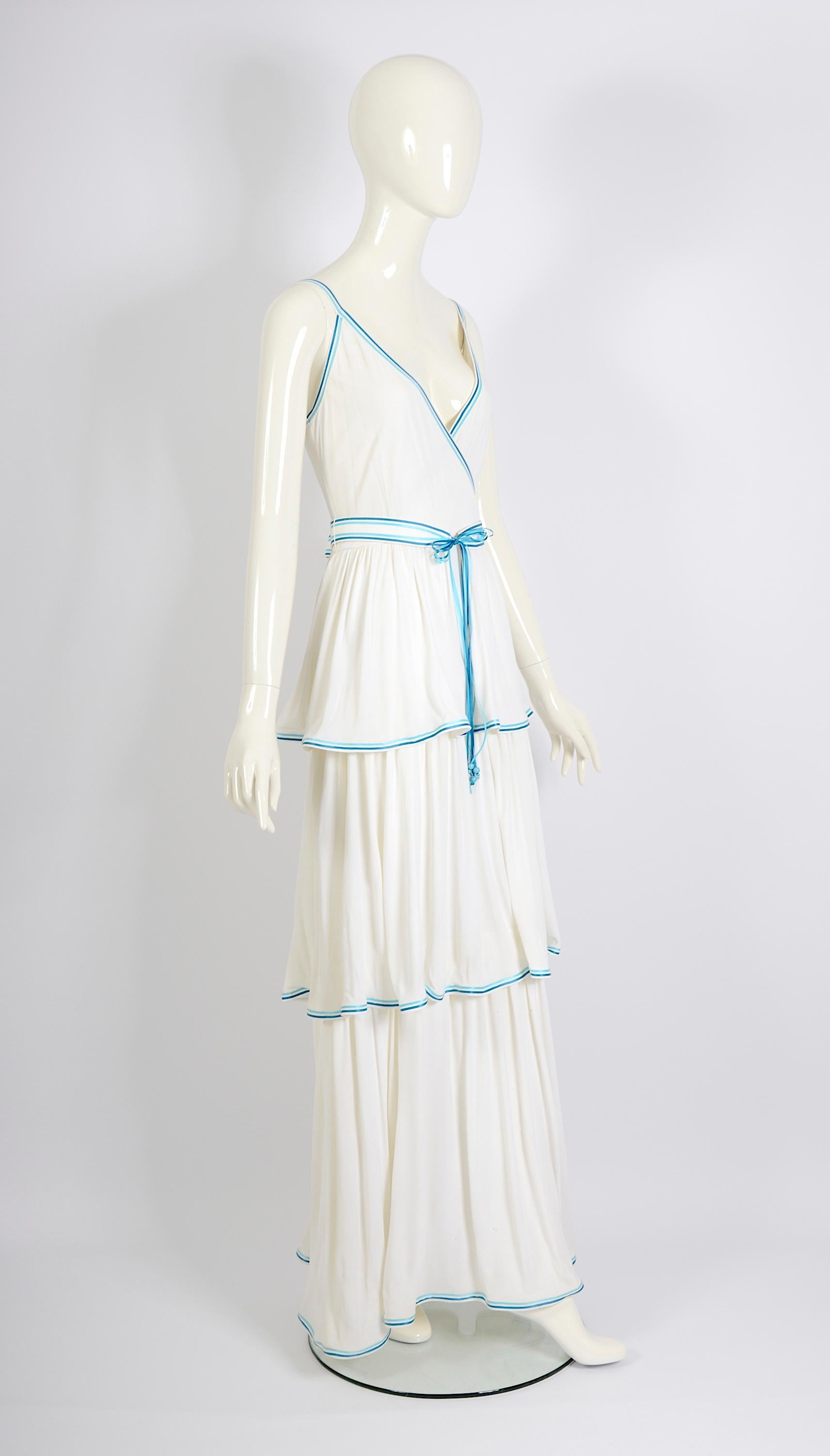 Louis Féraud vintage 1970s white jersey bleu ribbon trimmed maxi dress + belts For Sale 5