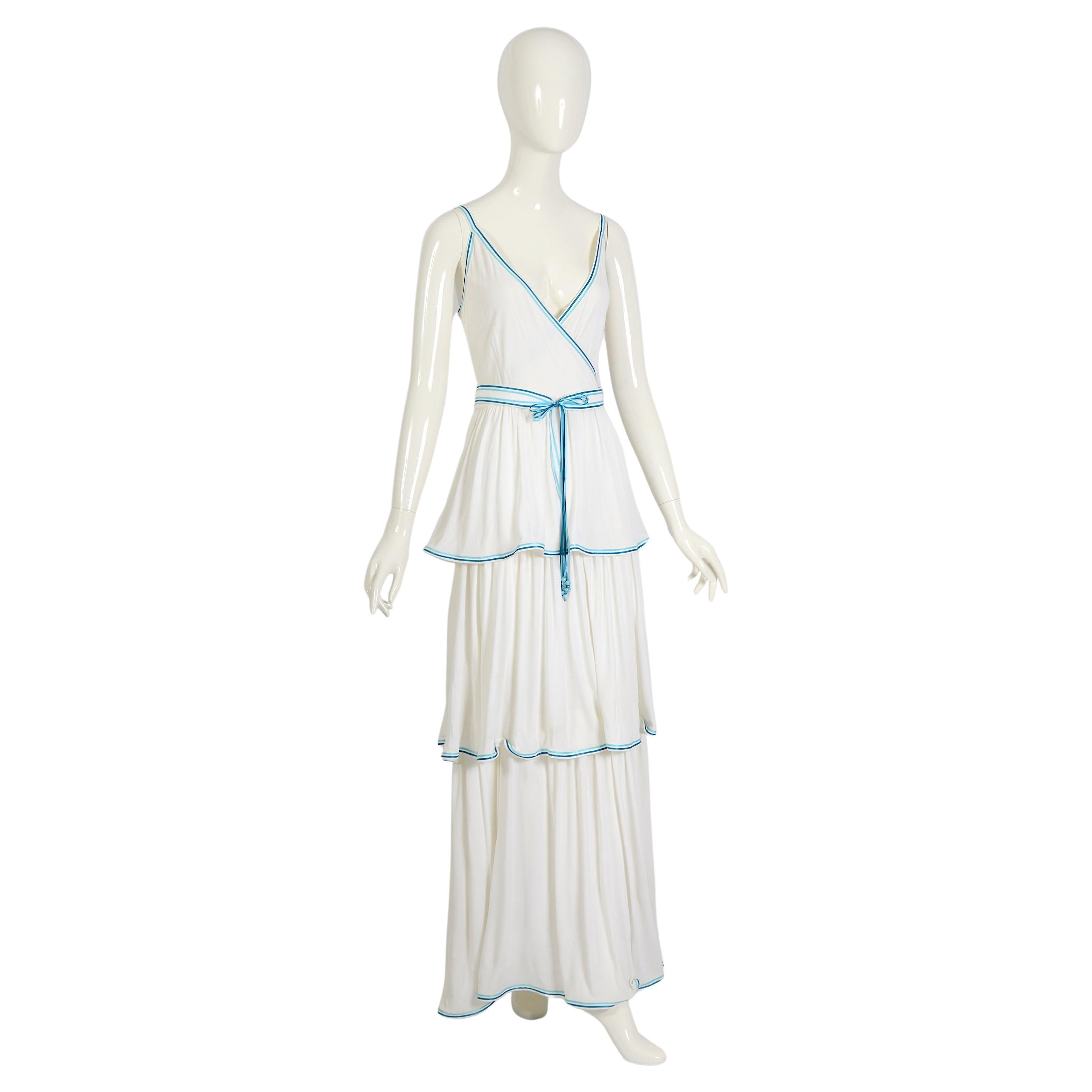 Louis Féraud vintage 1970s white jersey bleu ribbon trimmed maxi dress + belts For Sale