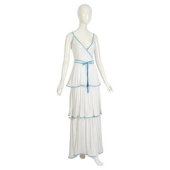Louis Féraud vintage 1970 robe longue garnie de rubans en jersey blanc bleu + ceintures