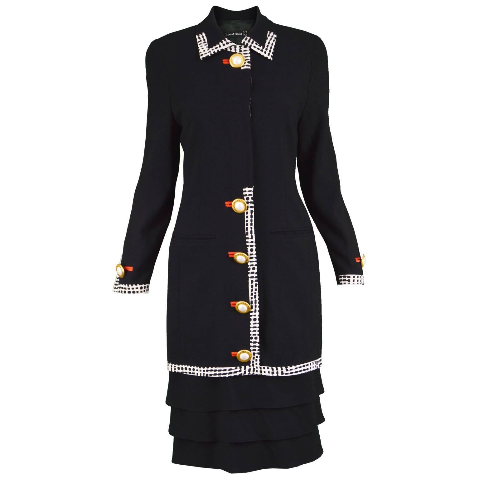 Louis Feraud Vintage 1980s Black Wool & Silk Sophisticated Tiered Day Dress