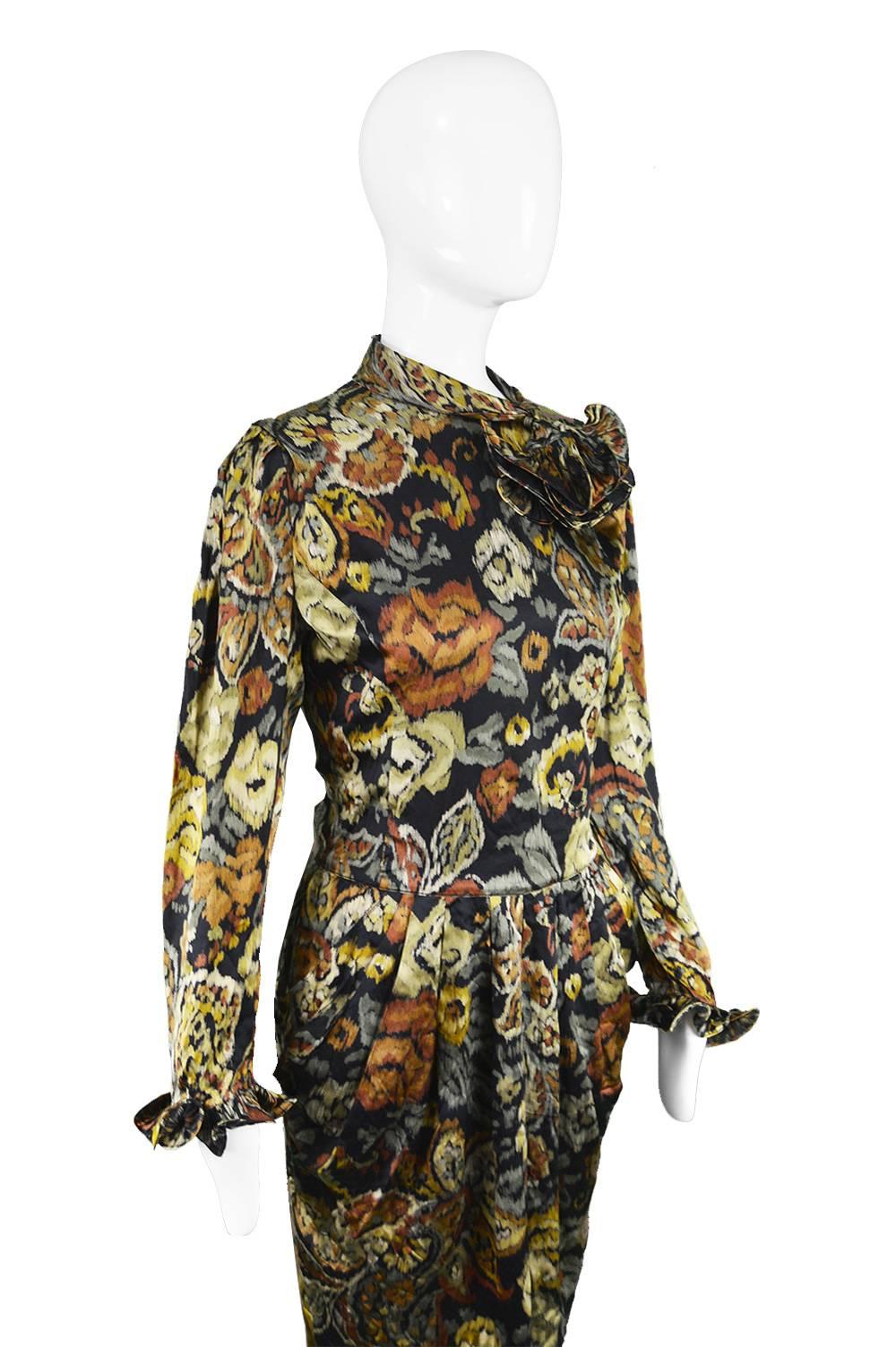 Women's Louis Feraud Vintage 1980s Long Sleeve Floral Ruffle Silk Satin Cocktail Dress