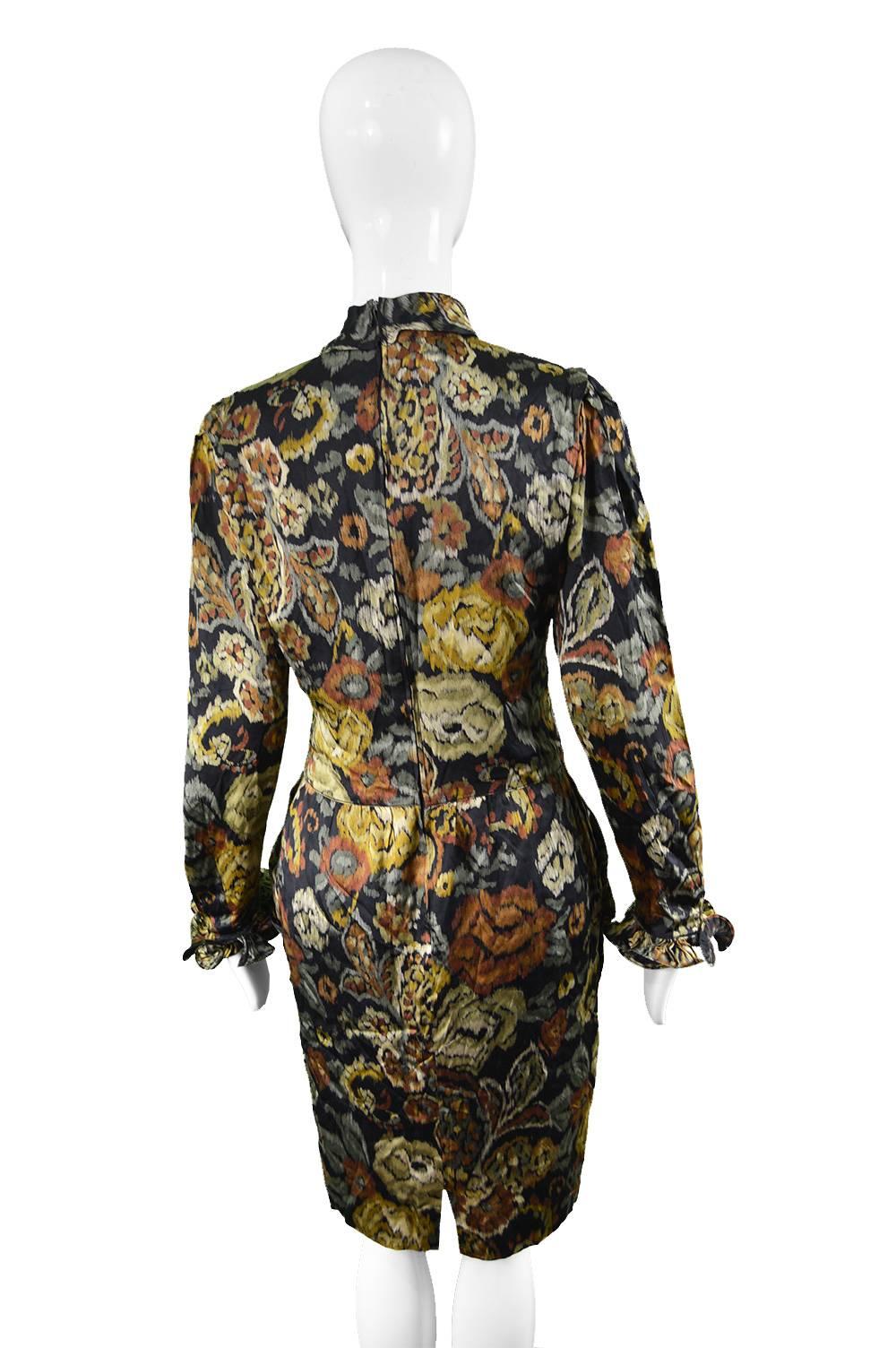 Louis Feraud Vintage 1980s Long Sleeve Floral Ruffle Silk Satin Cocktail Dress 1