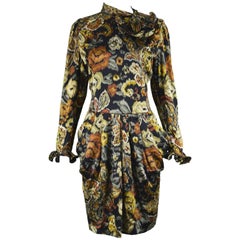 Louis Feraud Vintage 1980s Long Sleeve Floral Ruffle Silk Satin Cocktail Dress