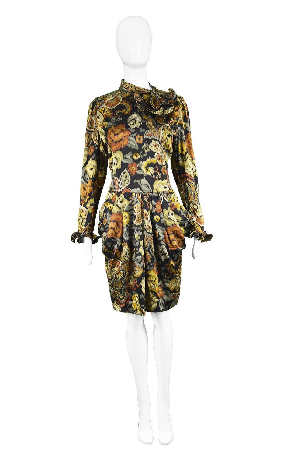 Louis Feraud Vintage 1980s Long Sleeve Floral Ruffle Silk Cocktail Dress

Estimated Size: UK 12/ US 8/ EU 40. Please check measurements. 
Bust - 38” / 96cm
Waist - 30” / 76cm
Hips - 42” / 106cm
Length (Shoulder to Hem) - 38” / 96cm
Shoulder to