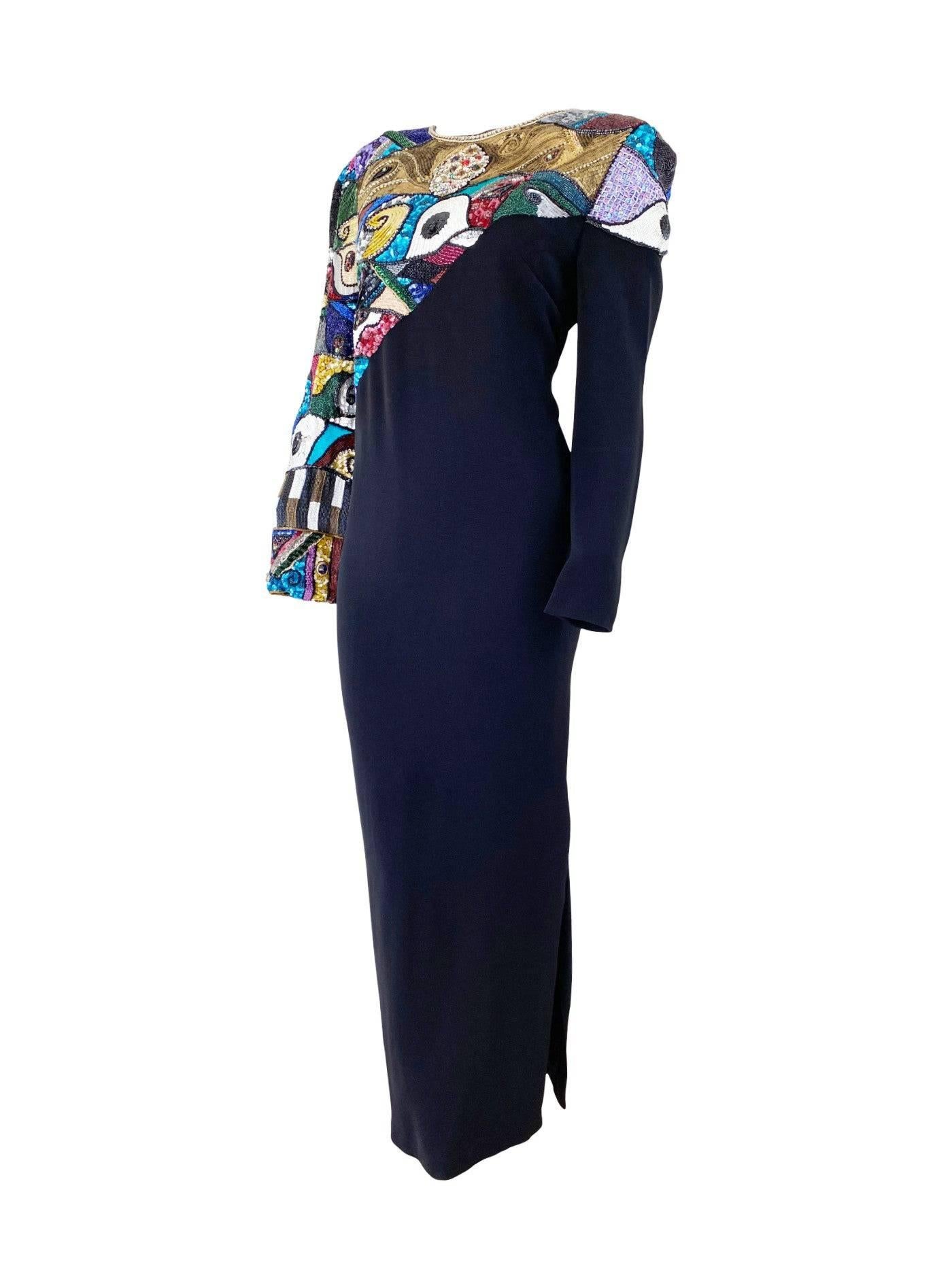 Louis Feraud Vintage 1980s Picasso-Inspired Mosaic Beaded Evening Dress MED In Excellent Condition For Sale In North Attleboro, MA