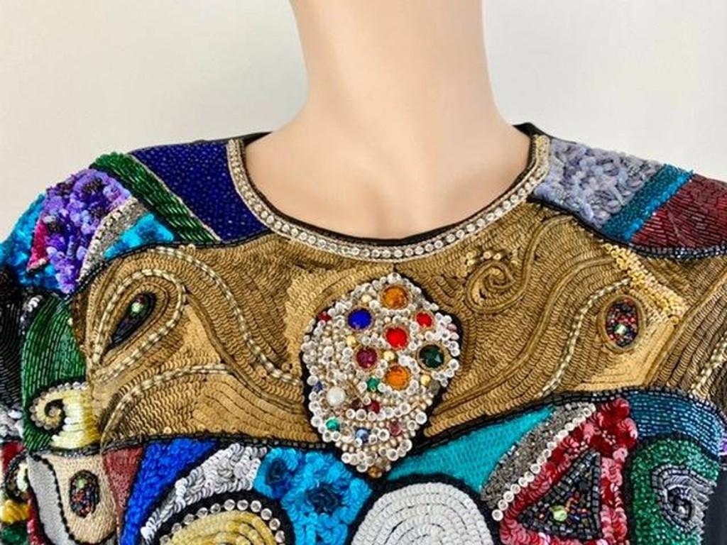 Louis Feraud Vintage 1980s Picasso-Inspired Mosaic Beaded Evening Dress MED For Sale 2