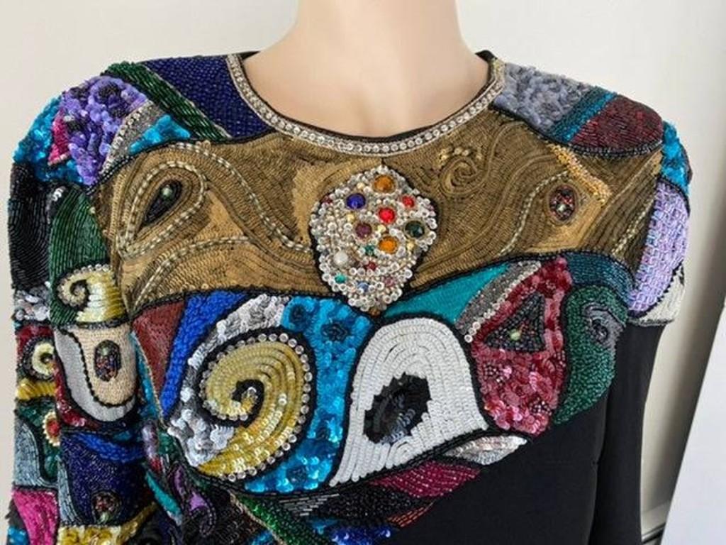 Louis Feraud Vintage 1980s Picasso-Inspired Mosaic Beaded Evening Dress MED For Sale 3