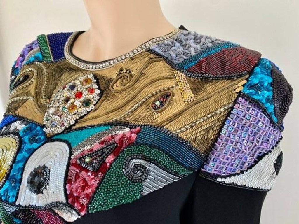 Louis Feraud, robe de soirée vintage en mosaïque perlée d'inspiration Picasso, années 1980 en vente 4