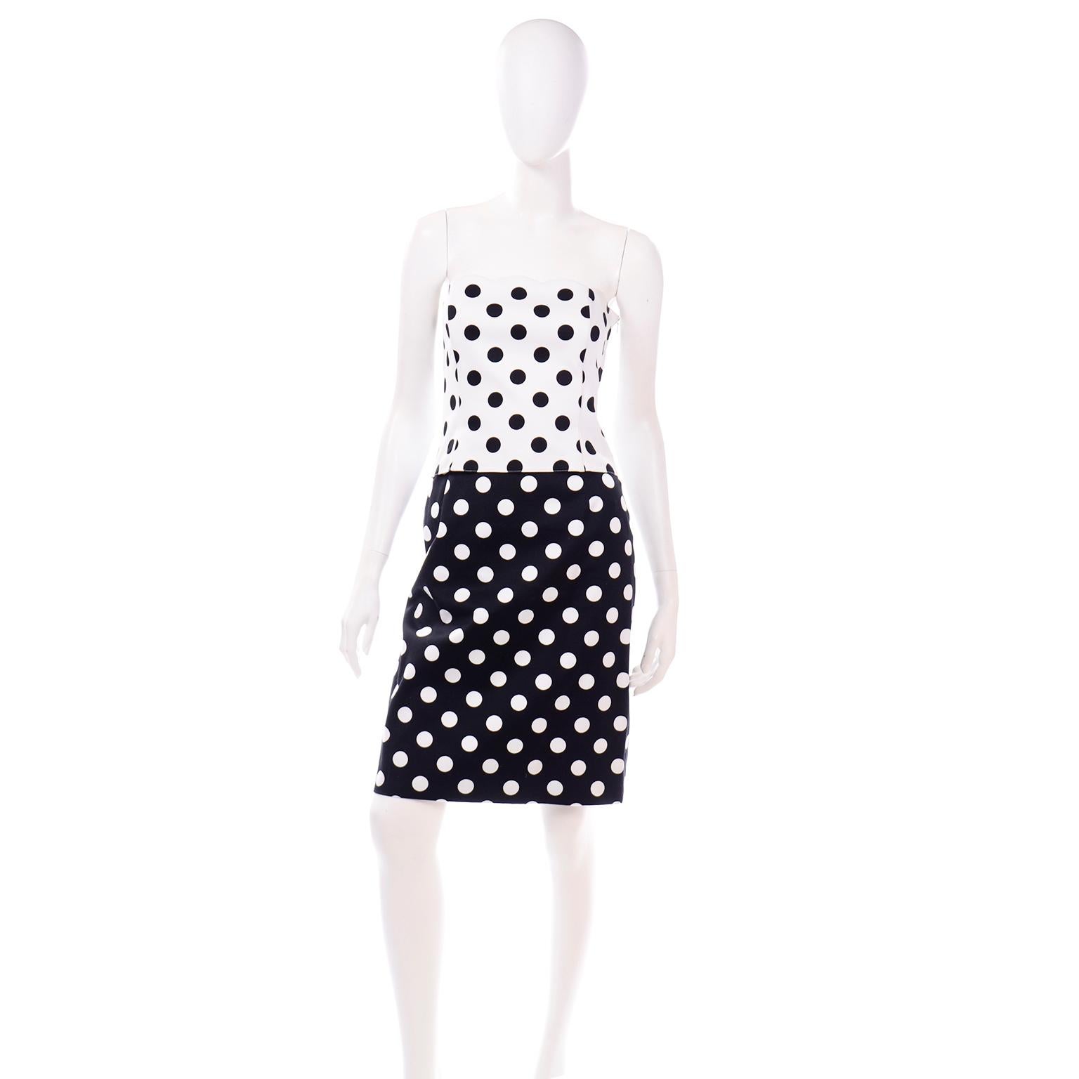 This is a fun Louis Feraud vintage 3 piece black and white polka dot 100% cotton suit with a skirt, bustier, and jacket. This ensemble would make a great dress alternative for that special daytime event. The bustier is white with black dots and the