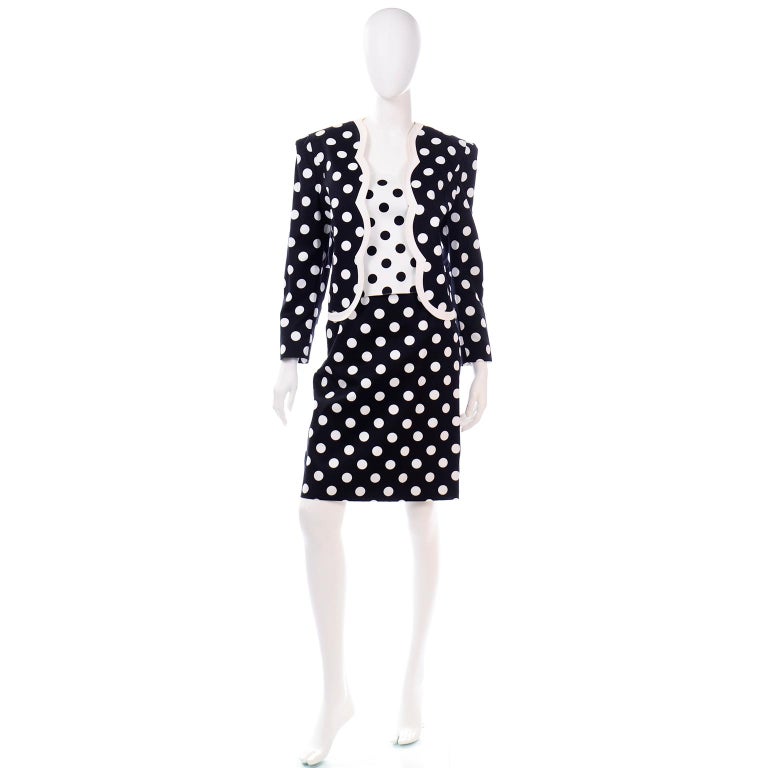 Louis Feraud Vintage Black & White Polka Dot 3Pc Outfit w Bustier Skirt &  Jacket