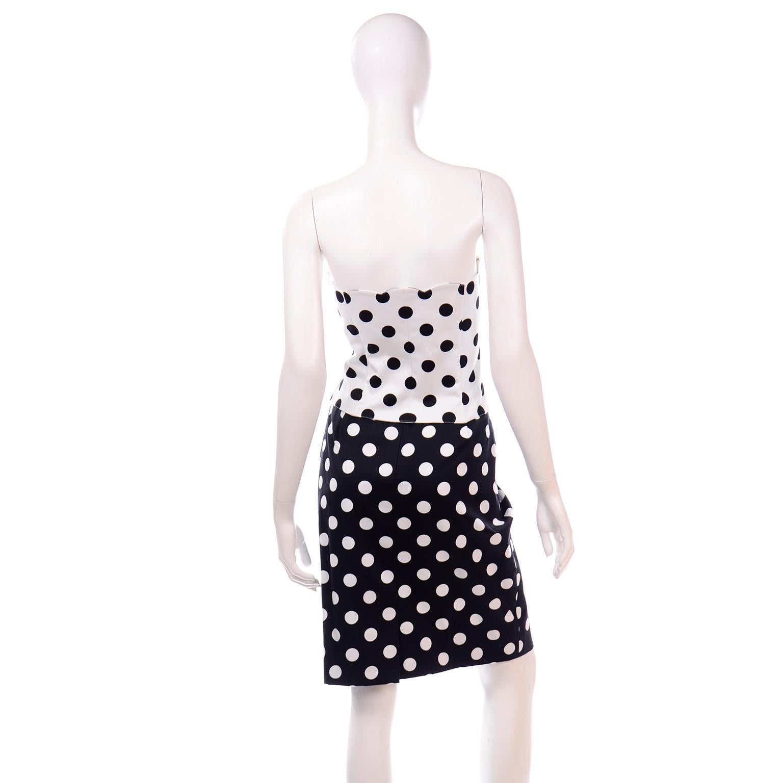 Louis Feraud Vintage Black & White Polka Dot 3Pc Outfit w Bustier Skirt & Jacket In Excellent Condition In Portland, OR