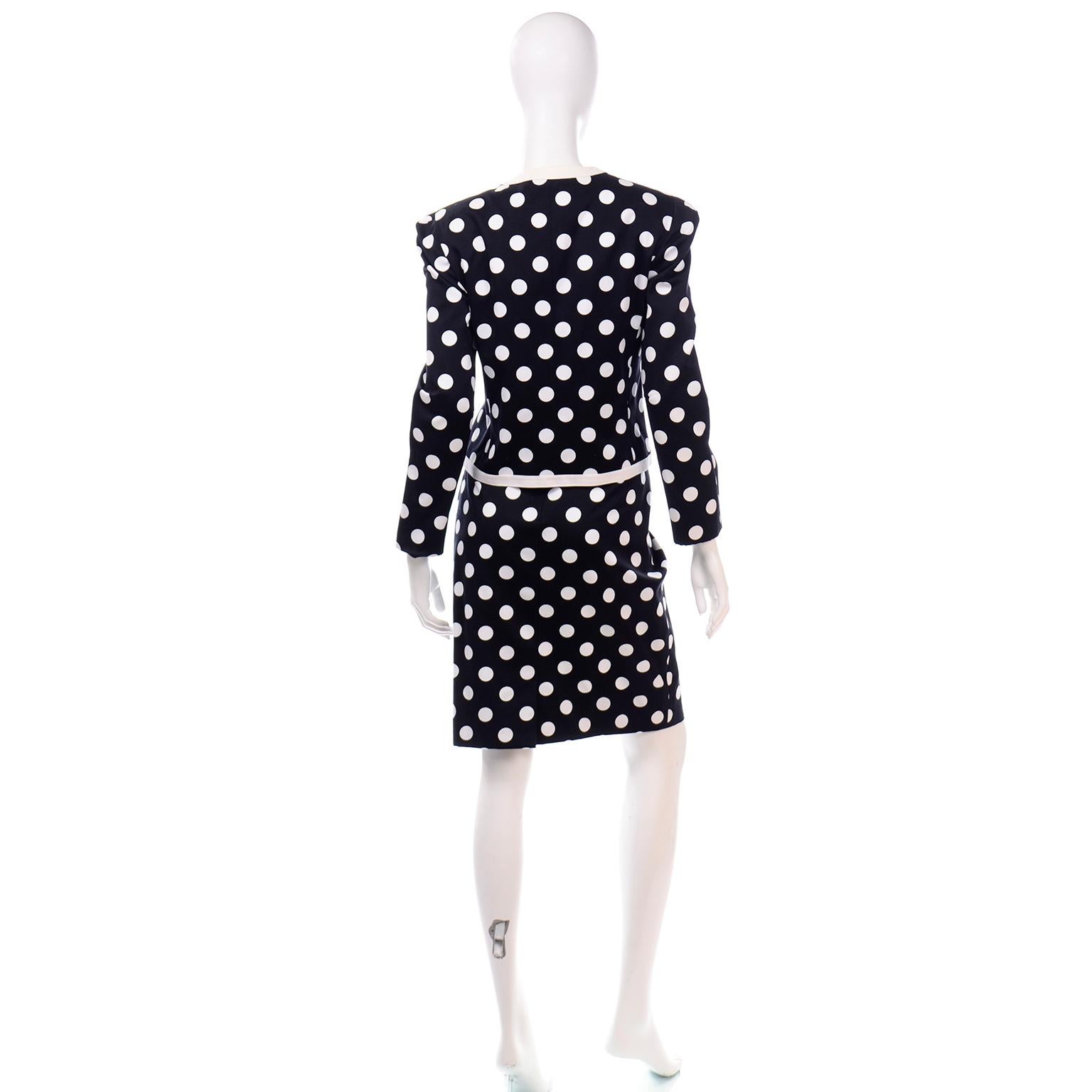 Women's Louis Feraud Vintage Black & White Polka Dot 3Pc Outfit w Bustier Skirt & Jacket