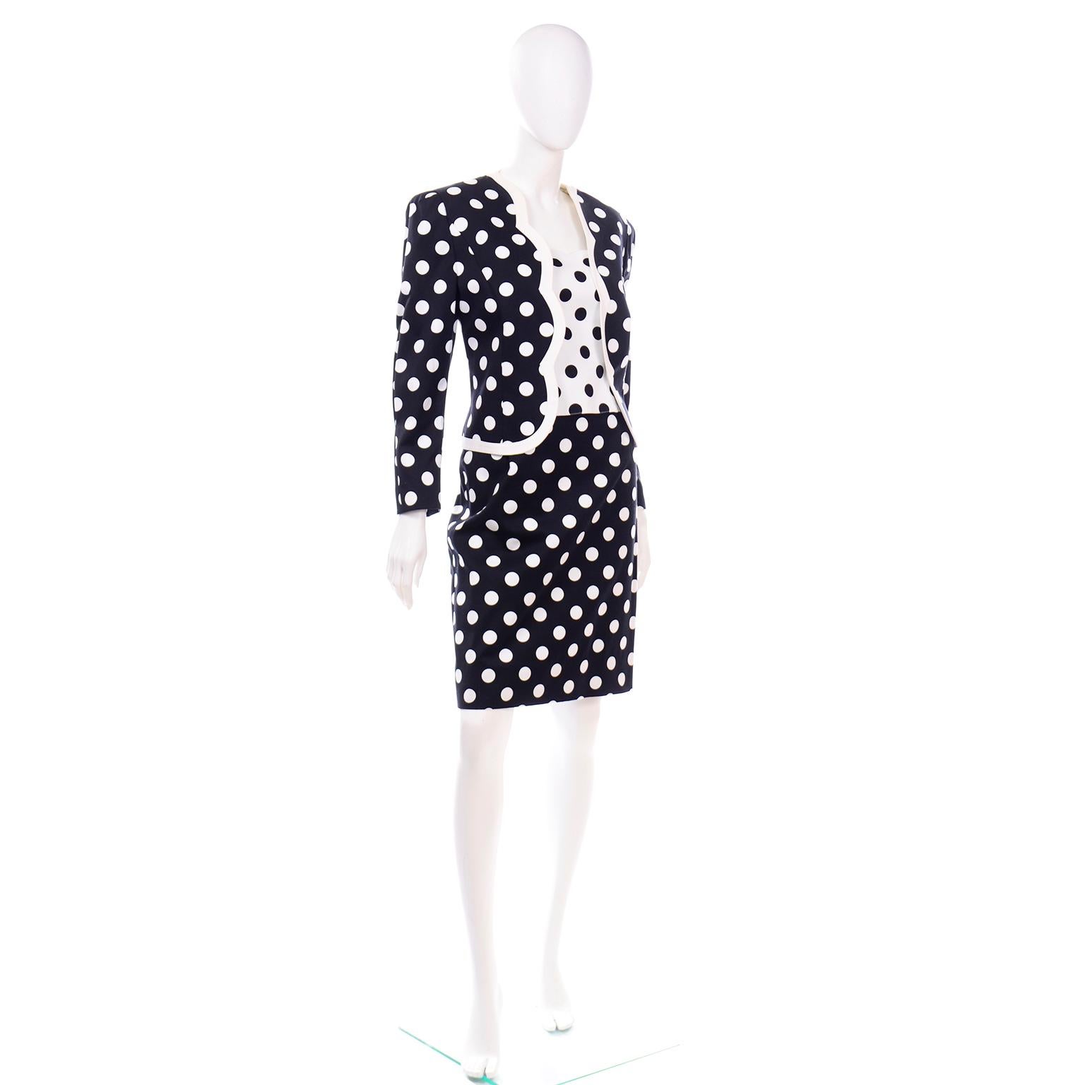 Louis Feraud Vintage Black & White Polka Dot 3Pc Outfit w Bustier Skirt & Jacket 1