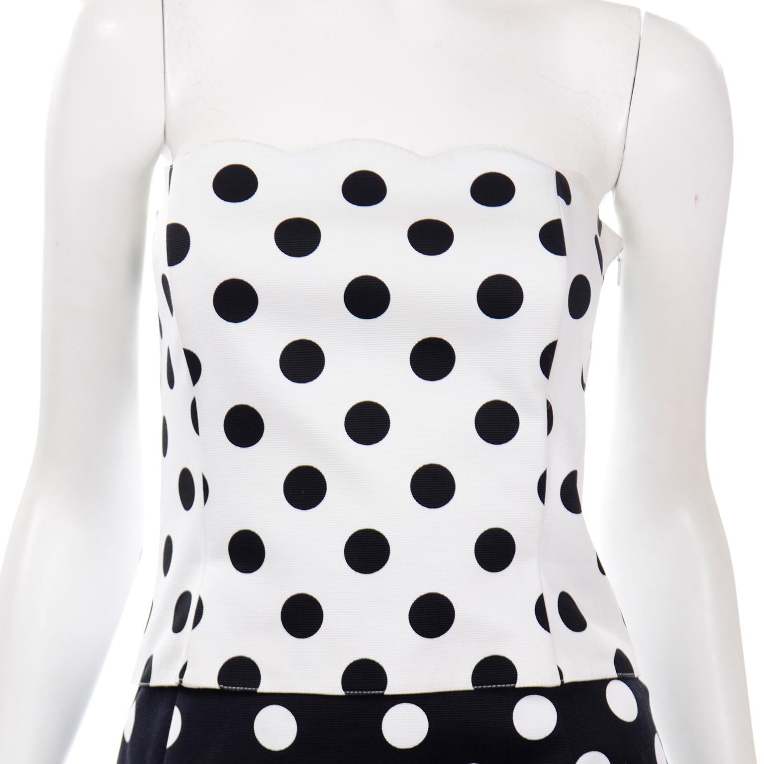 Louis Feraud Vintage Black & White Polka Dot 3Pc Outfit w Bustier Skirt & Jacket 3