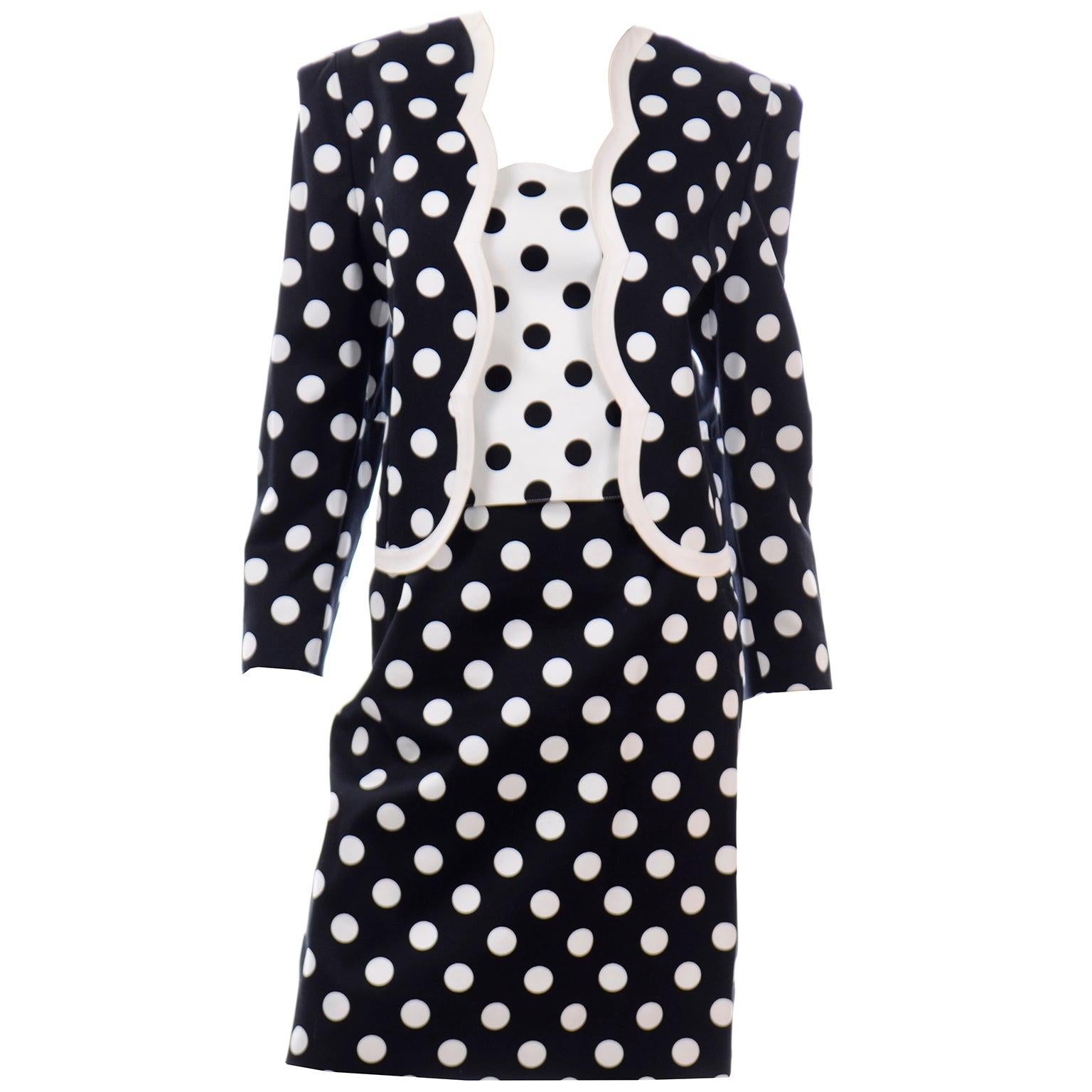 Louis Feraud Vintage Black & White Polka Dot 3Pc Outfit w Bustier Skirt & Jacket
