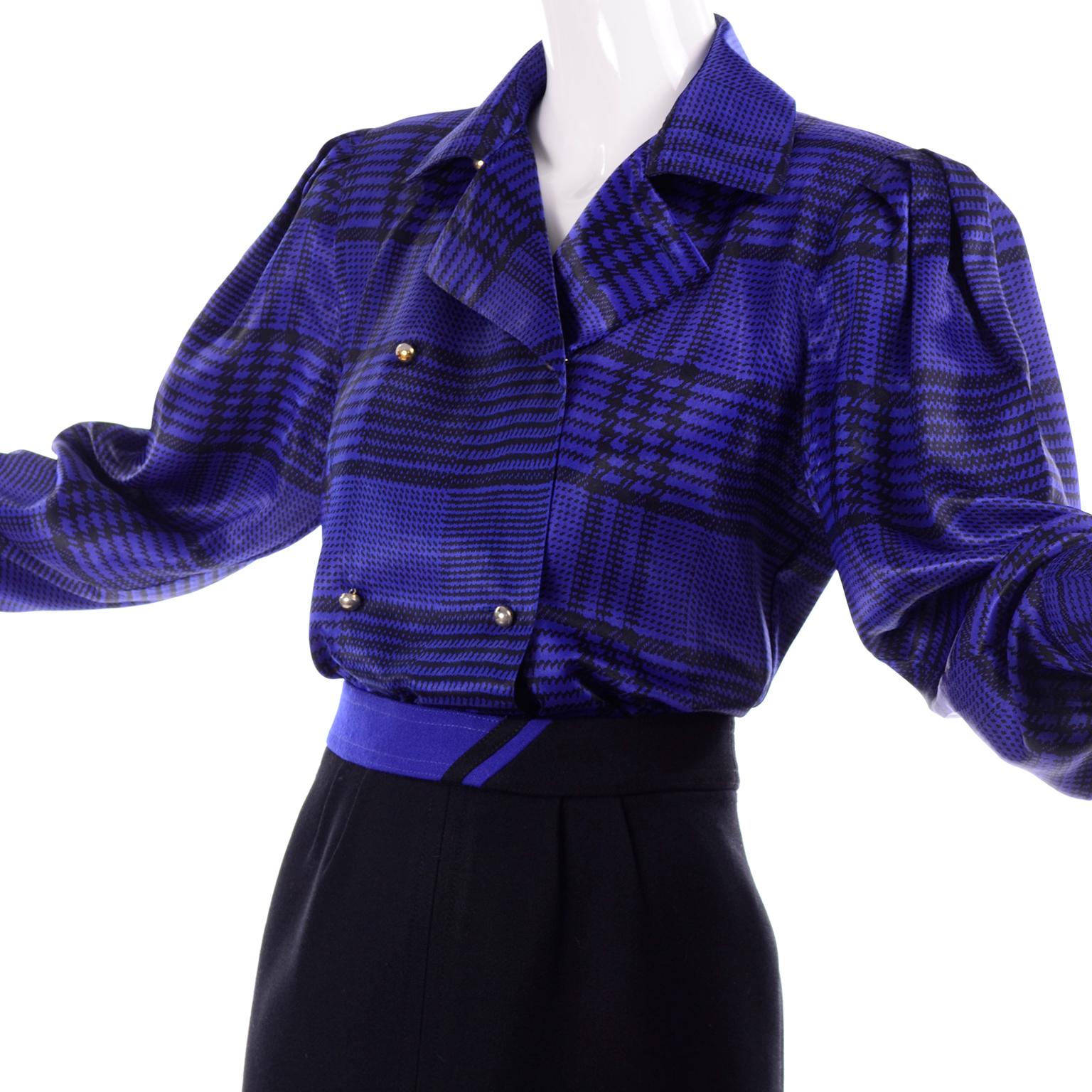 Purple Louis Feraud Vintage Blue Plaid Blouse & Black Wool Skirt Suit Ensemble For Sale