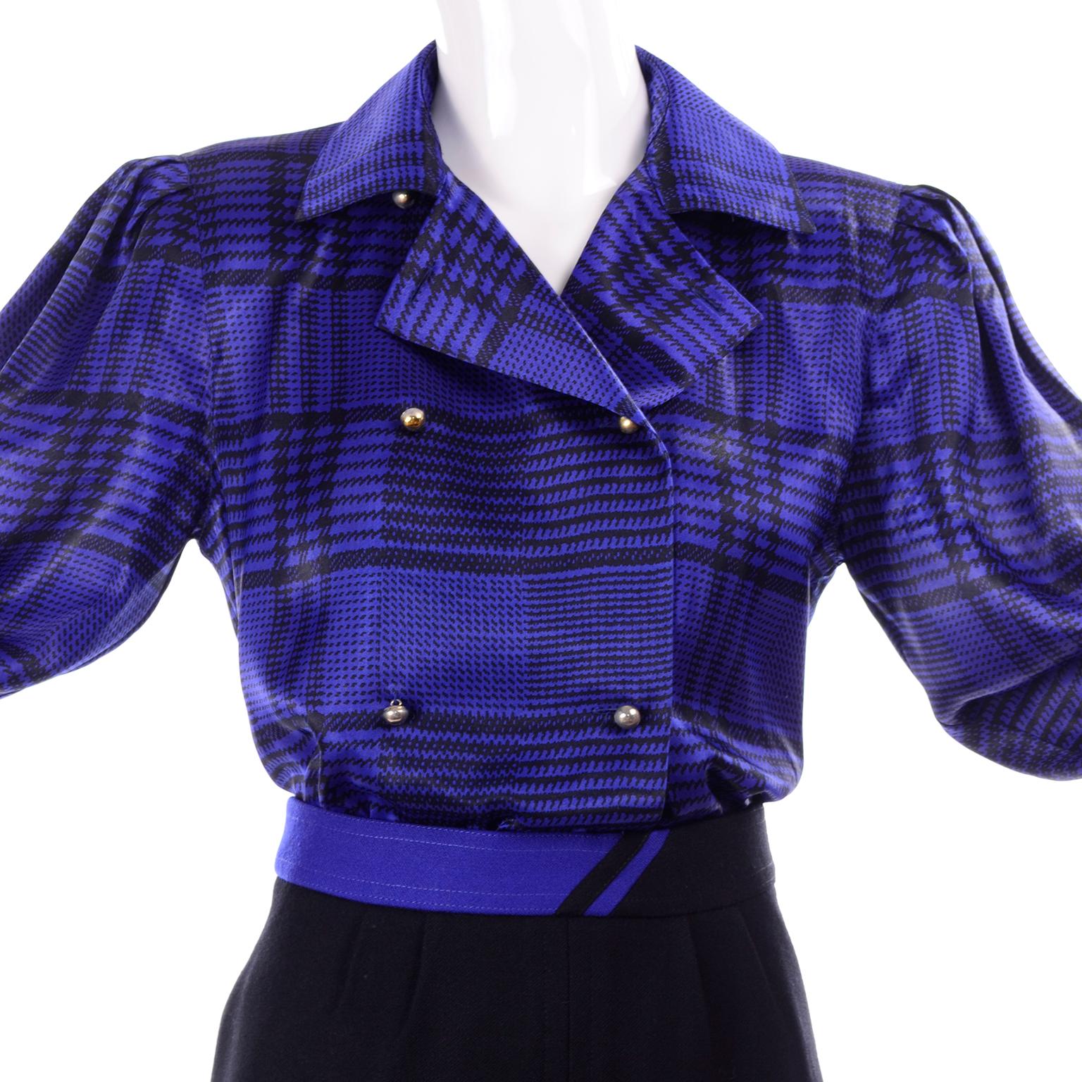 Louis Feraud Vintage Blue Plaid Blouse & Black Wool Skirt Suit Ensemble In Excellent Condition For Sale In Portland, OR