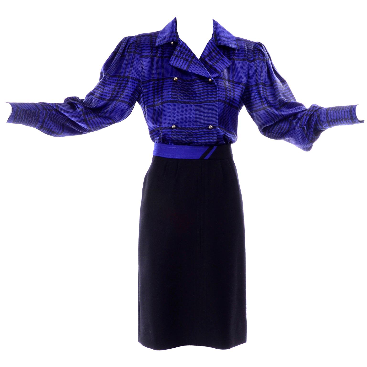 Louis Feraud Vintage Blue Plaid Blouse & Black Wool Skirt Suit Ensemble