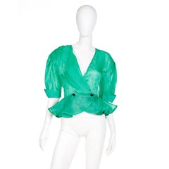 Louis Feraud Vintage Green Silk Organza Peplum Blouse Top