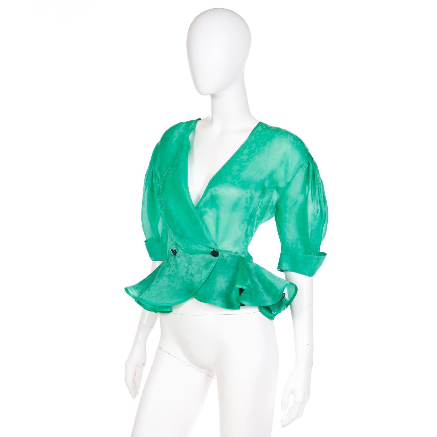 Louis Feraud Vintage Green Silk Organza Peplum Blouse Top In Good Condition For Sale In Portland, OR