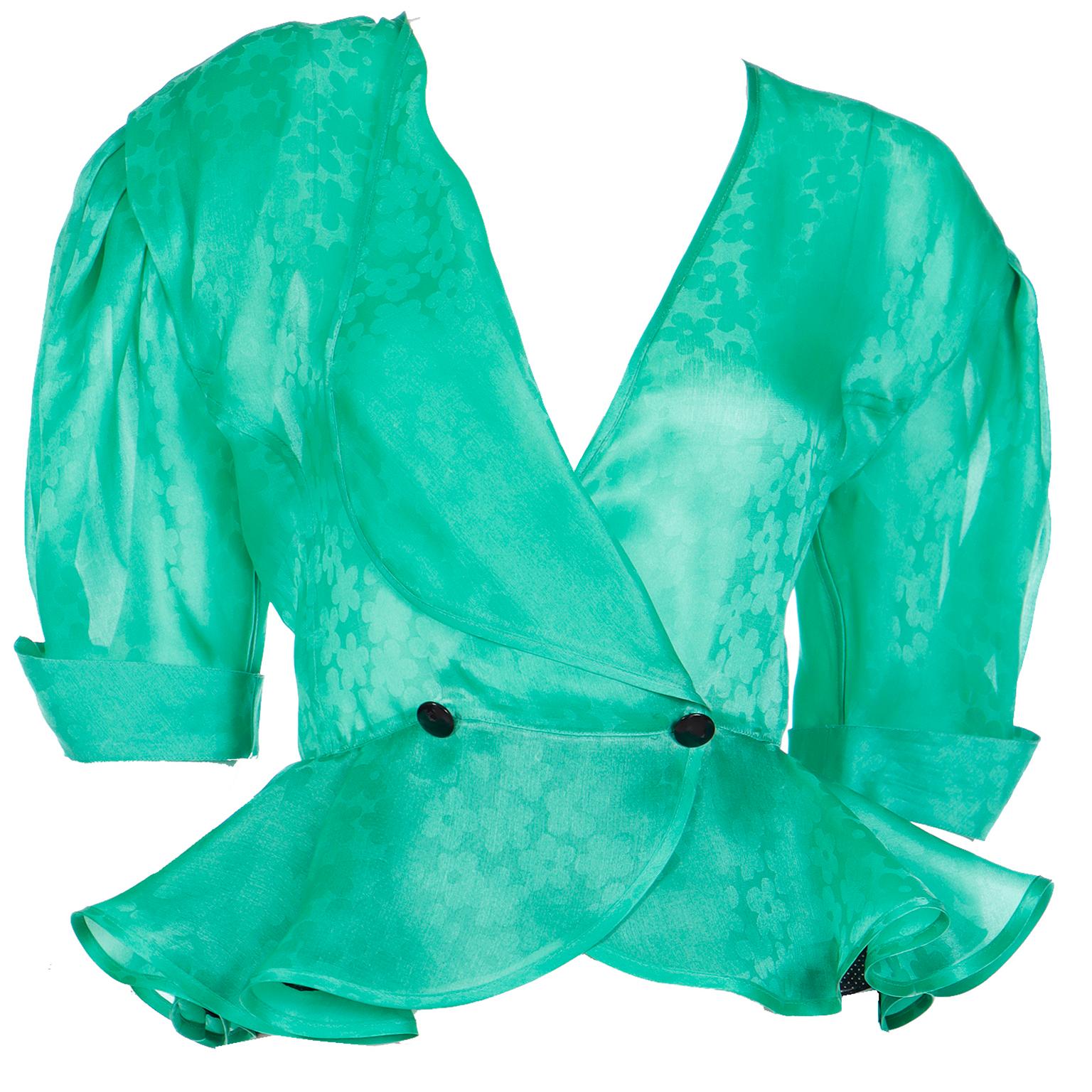 Women's Louis Feraud Vintage Green Silk Organza Peplum Blouse Top For Sale