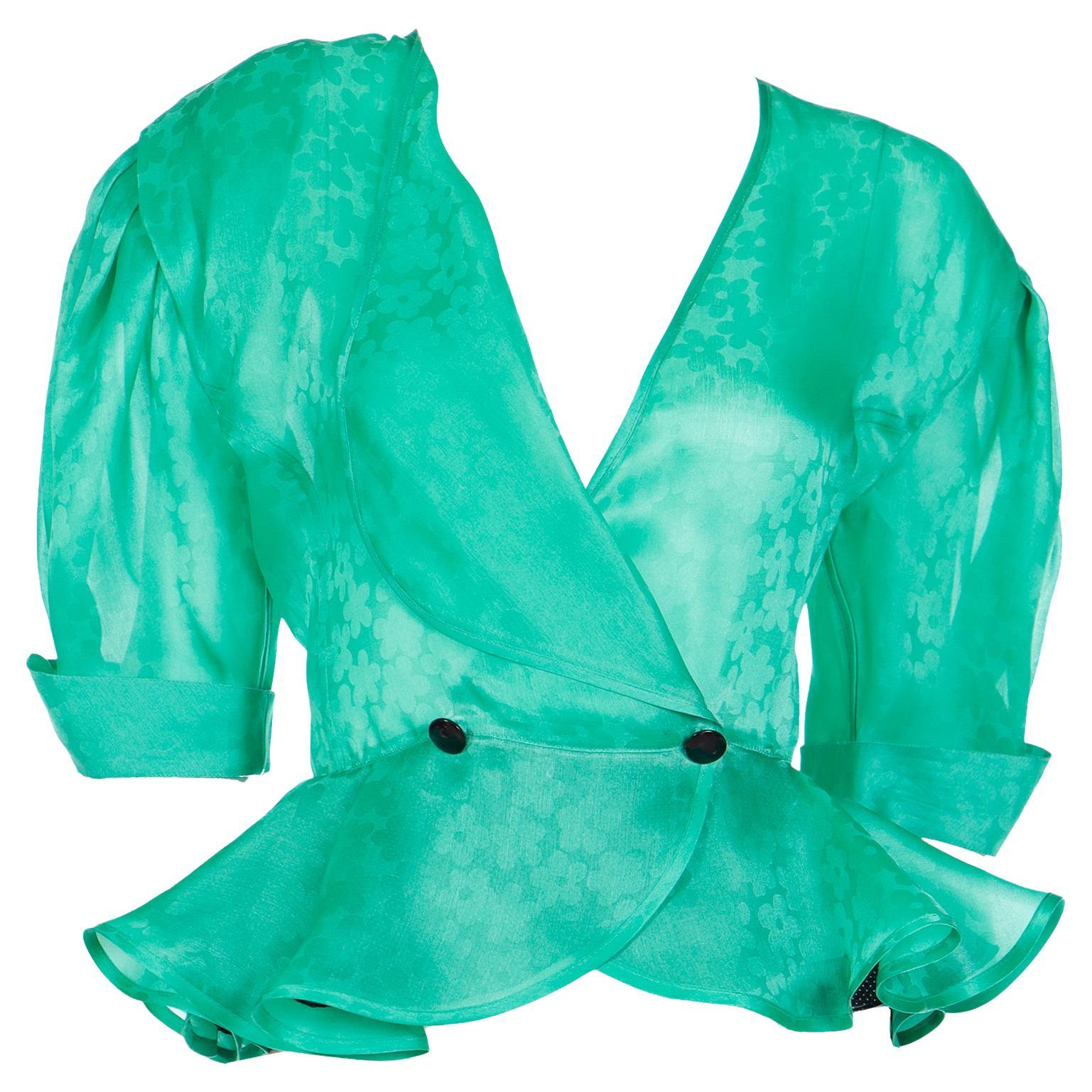 Louis Feraud Vintage Green Silk Organza Peplum Blouse Top For Sale