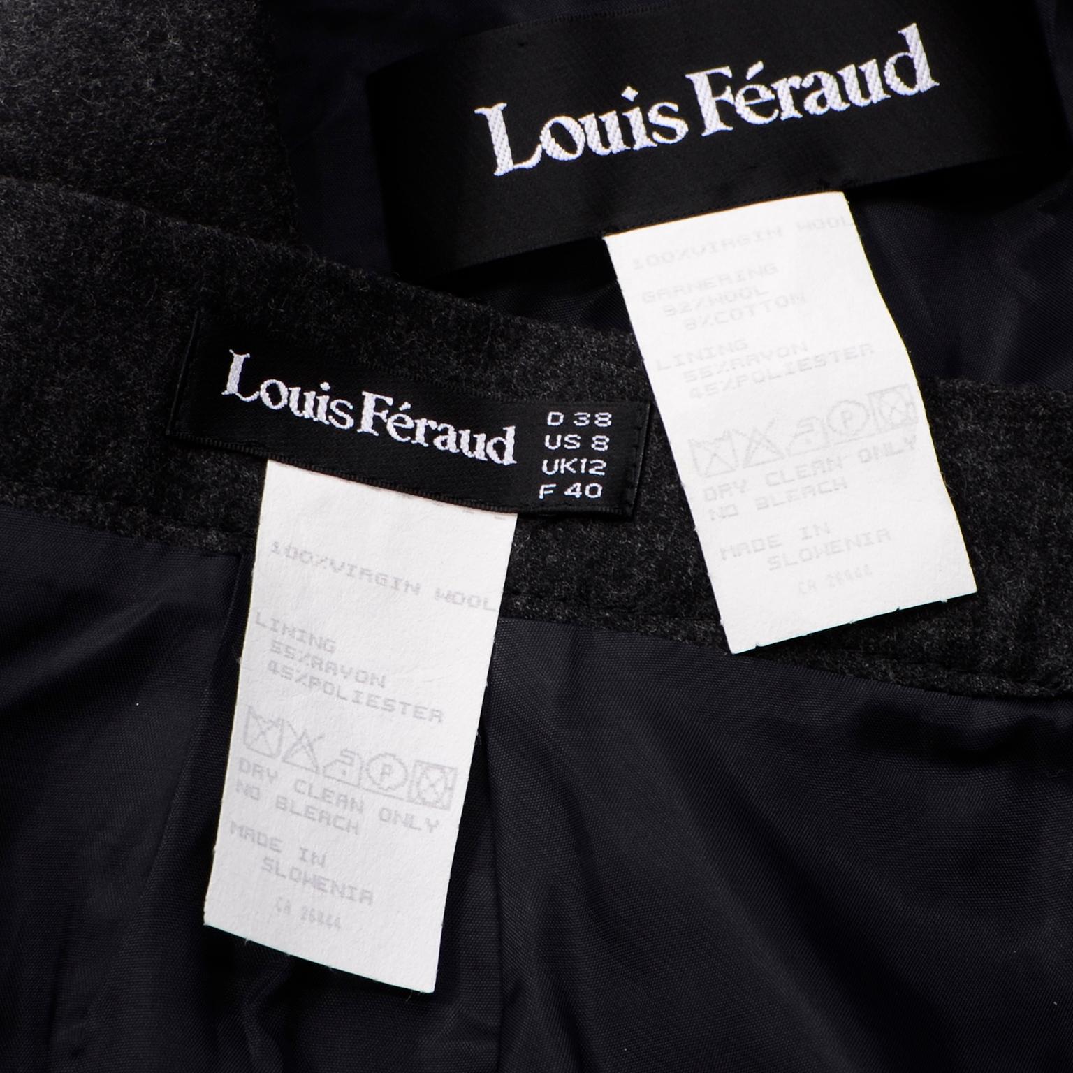 Louis Feraud Vintage Grey Wool Skirt Blazer Suit With Lace Applique For Sale 4