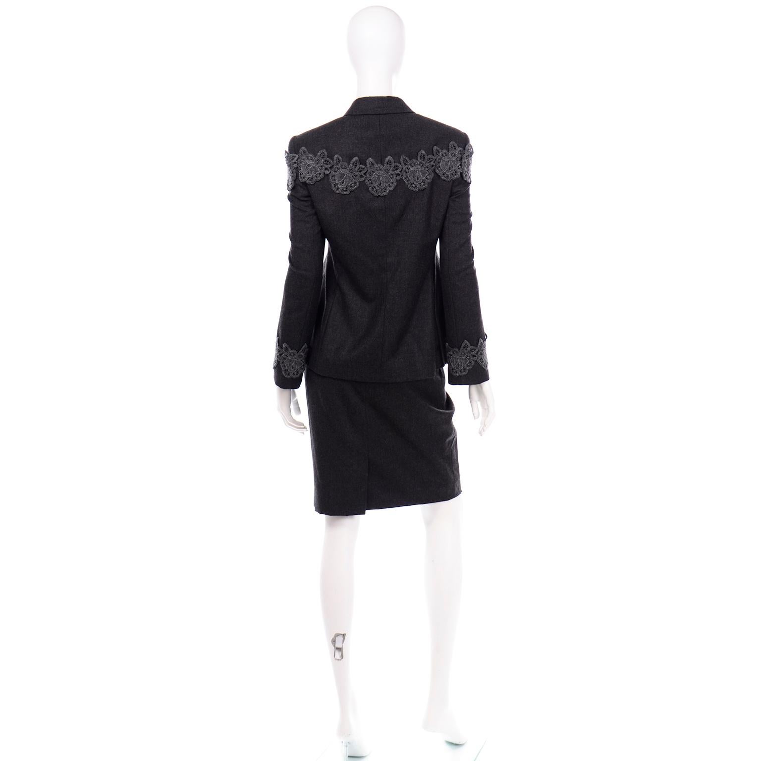 Black Louis Feraud Vintage Grey Wool Skirt Blazer Suit With Lace Applique For Sale