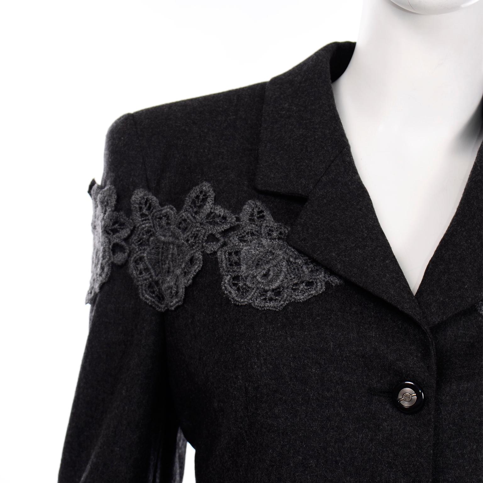 Women's Louis Feraud Vintage Grey Wool Skirt Blazer Suit With Lace Applique For Sale
