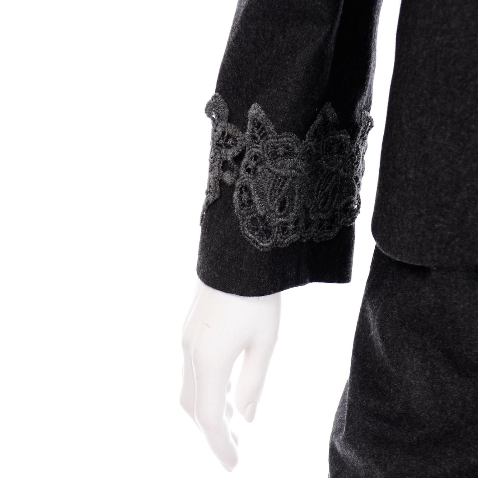 Louis Feraud Vintage Grey Wool Skirt Blazer Suit With Lace Applique For Sale 2