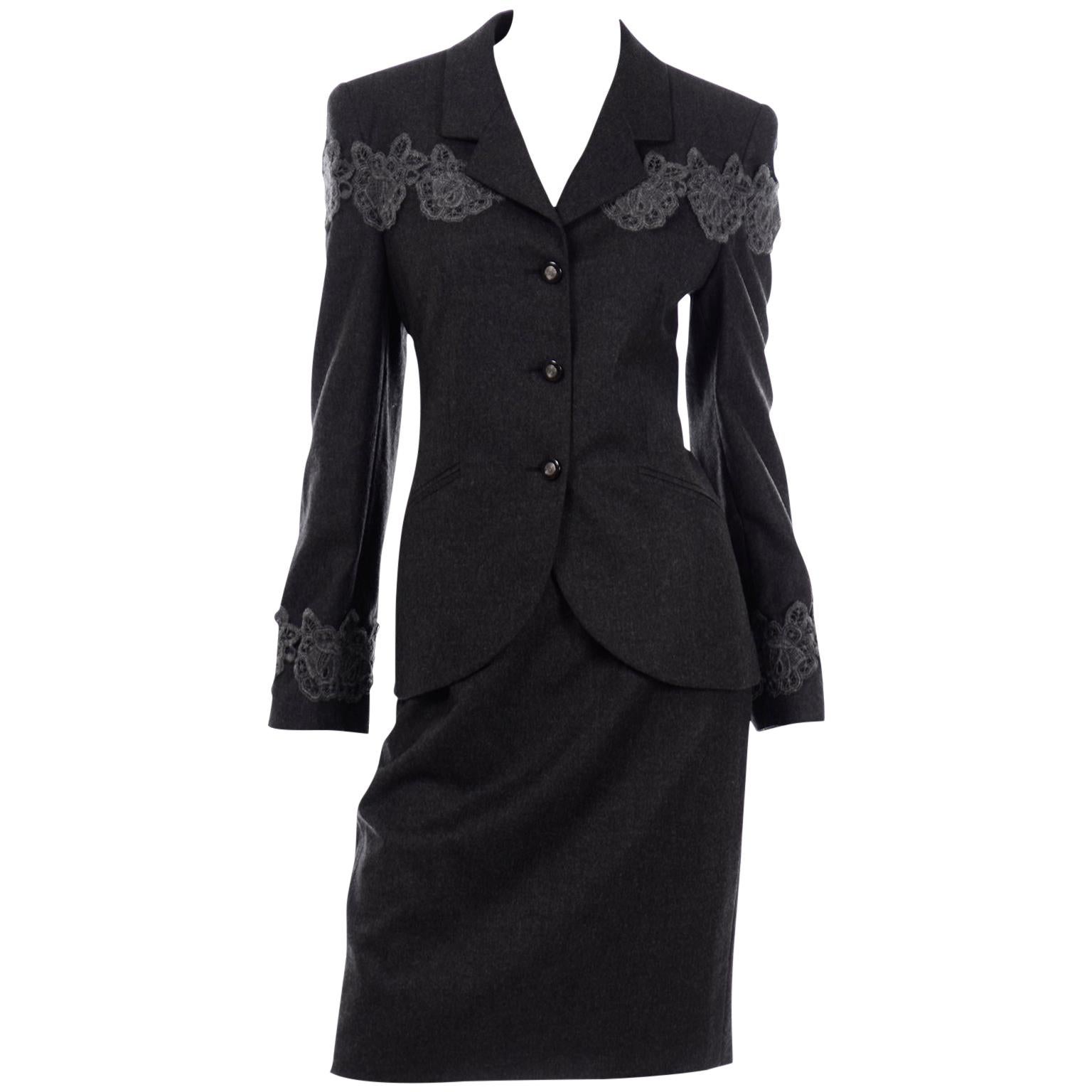 Louis Feraud Vintage Grey Wool Skirt Blazer Suit With Lace Applique