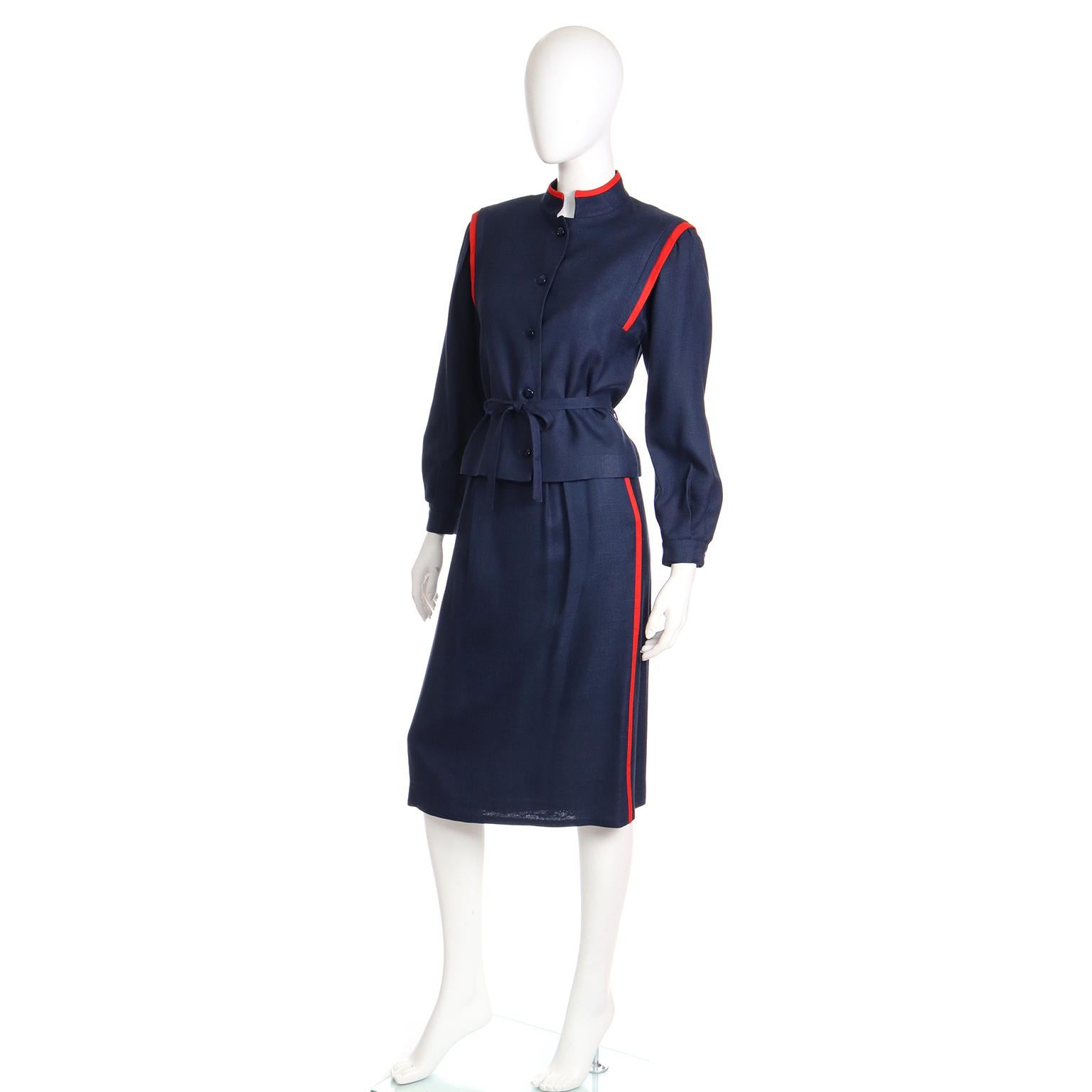 Black Louis Feraud Vintage Navy Blue and Red Linen Jacket and Skirt Suit For Sale