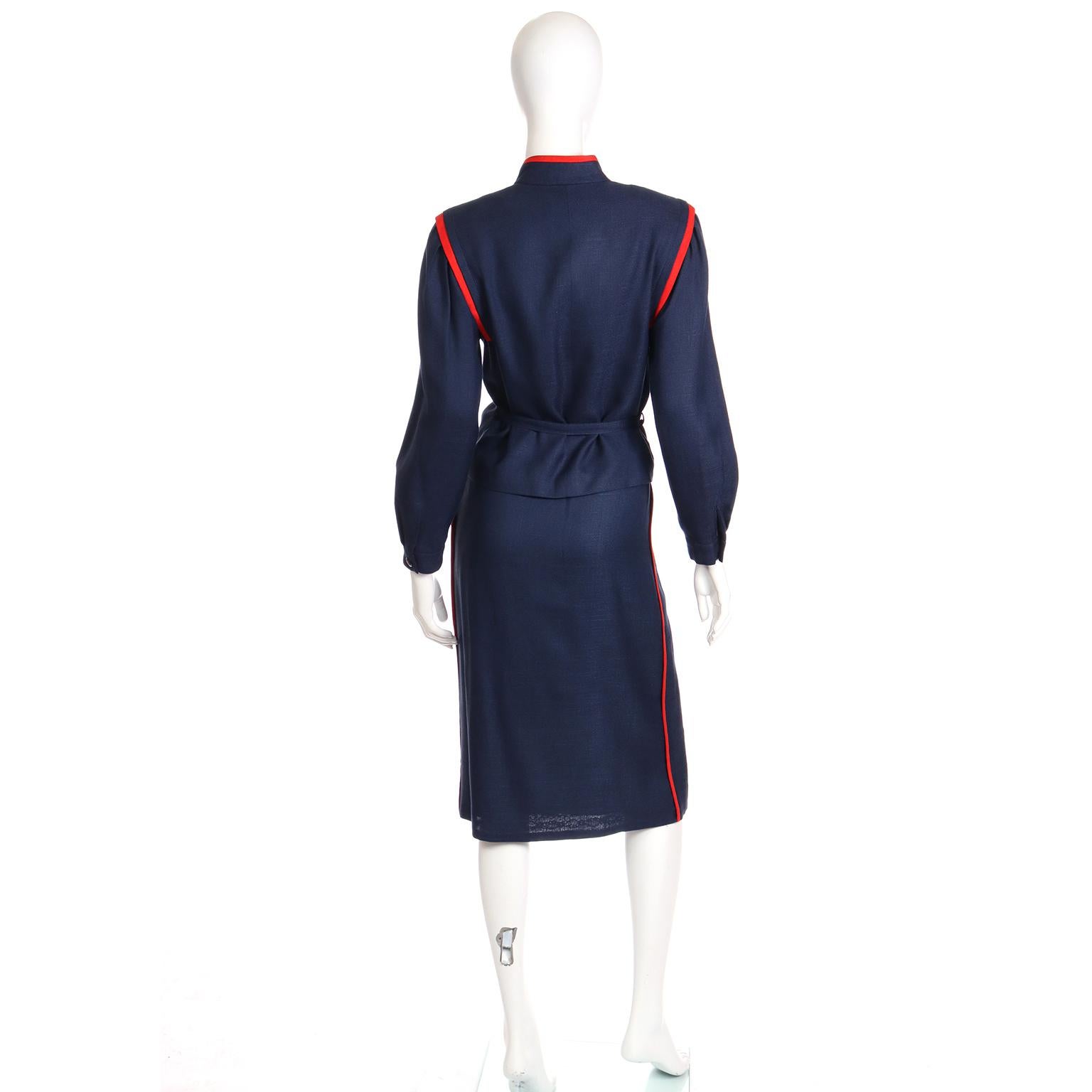 Women's Louis Feraud Vintage Navy Blue and Red Linen Jacket and Skirt Suit For Sale