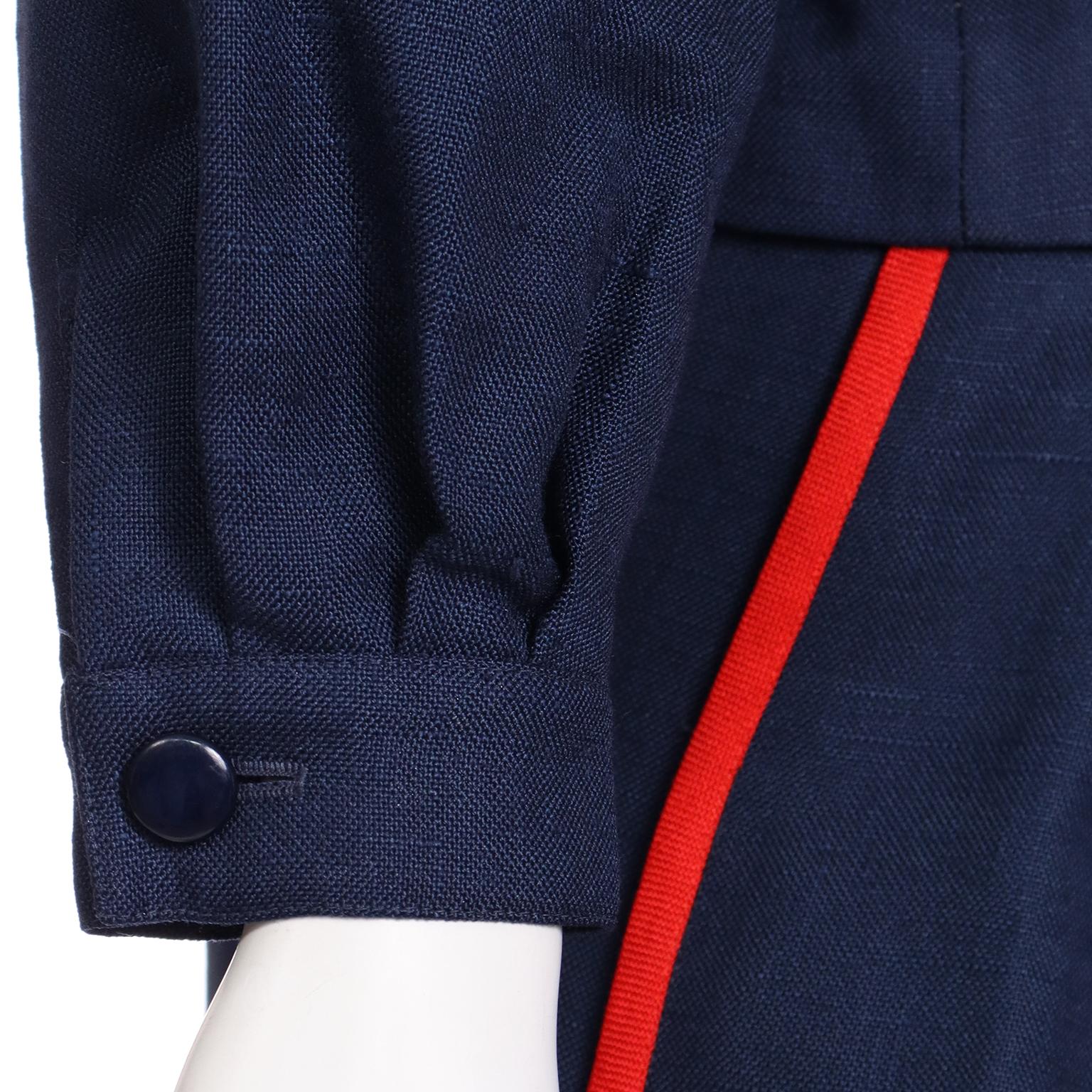 Louis Feraud Vintage Navy Blue and Red Linen Jacket and Skirt Suit For Sale 3