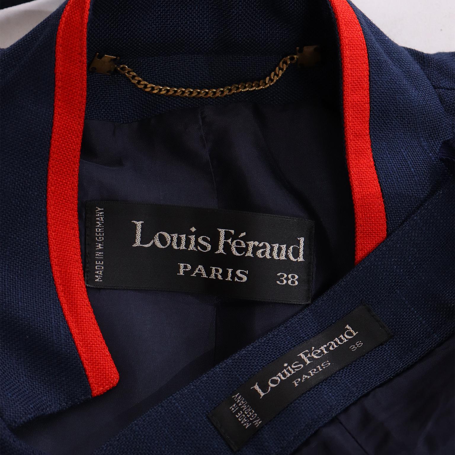Louis Feraud Vintage Navy Blue and Red Linen Jacket and Skirt Suit For Sale 4