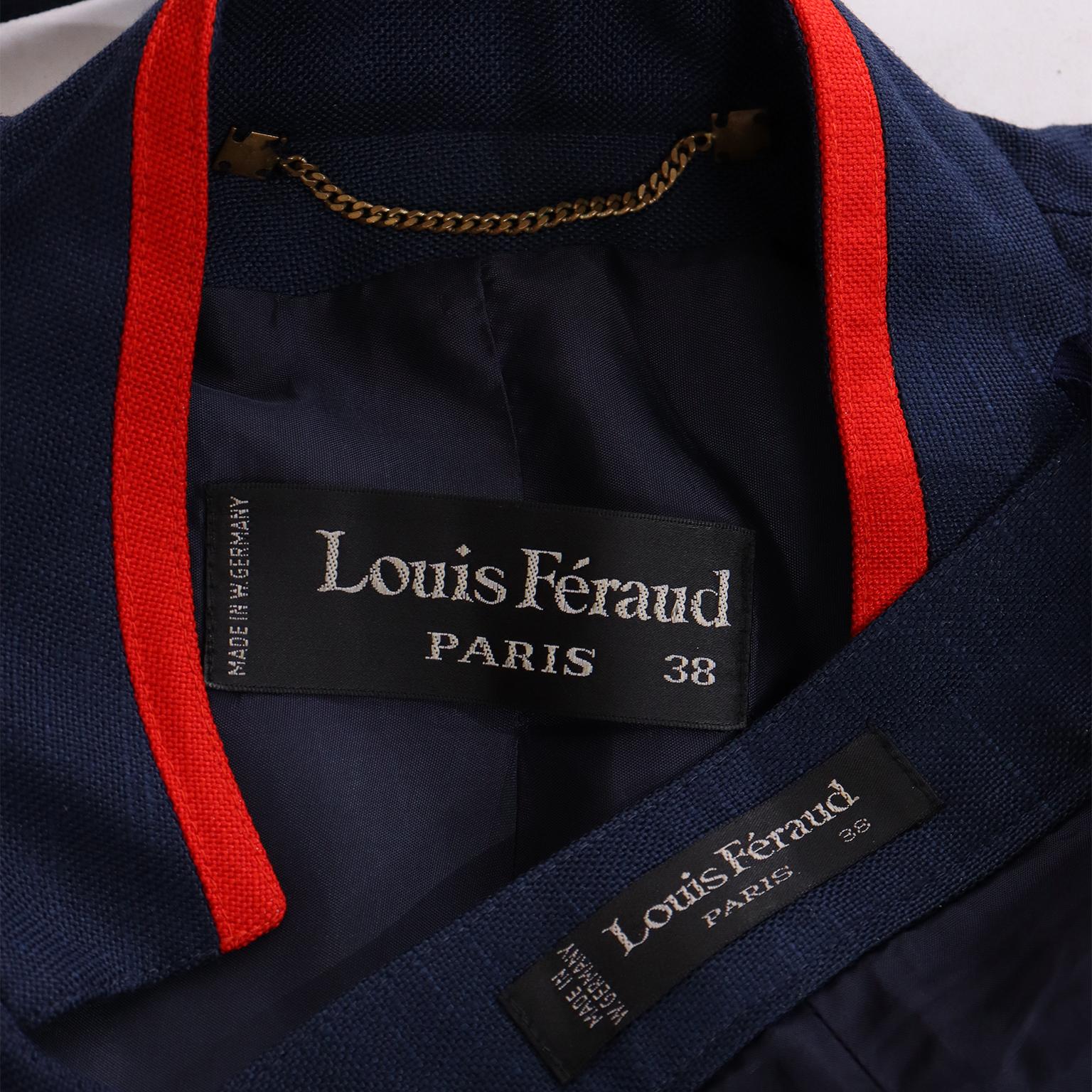 Abito con giacca e gonna in lino Louis Feraud vintage blu navy e rosso in vendita 4