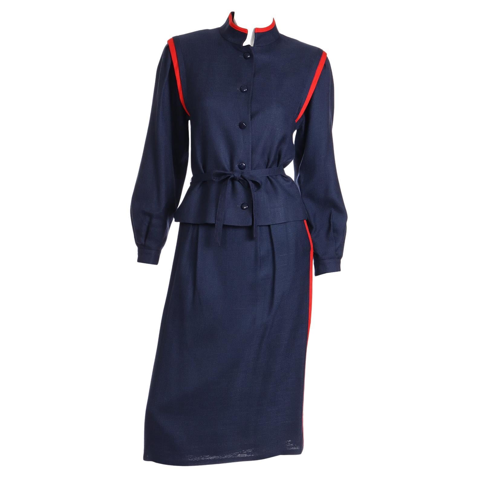 Louis Feraud Vintage Navy Blue and Red Linen Jacket and Skirt Suit