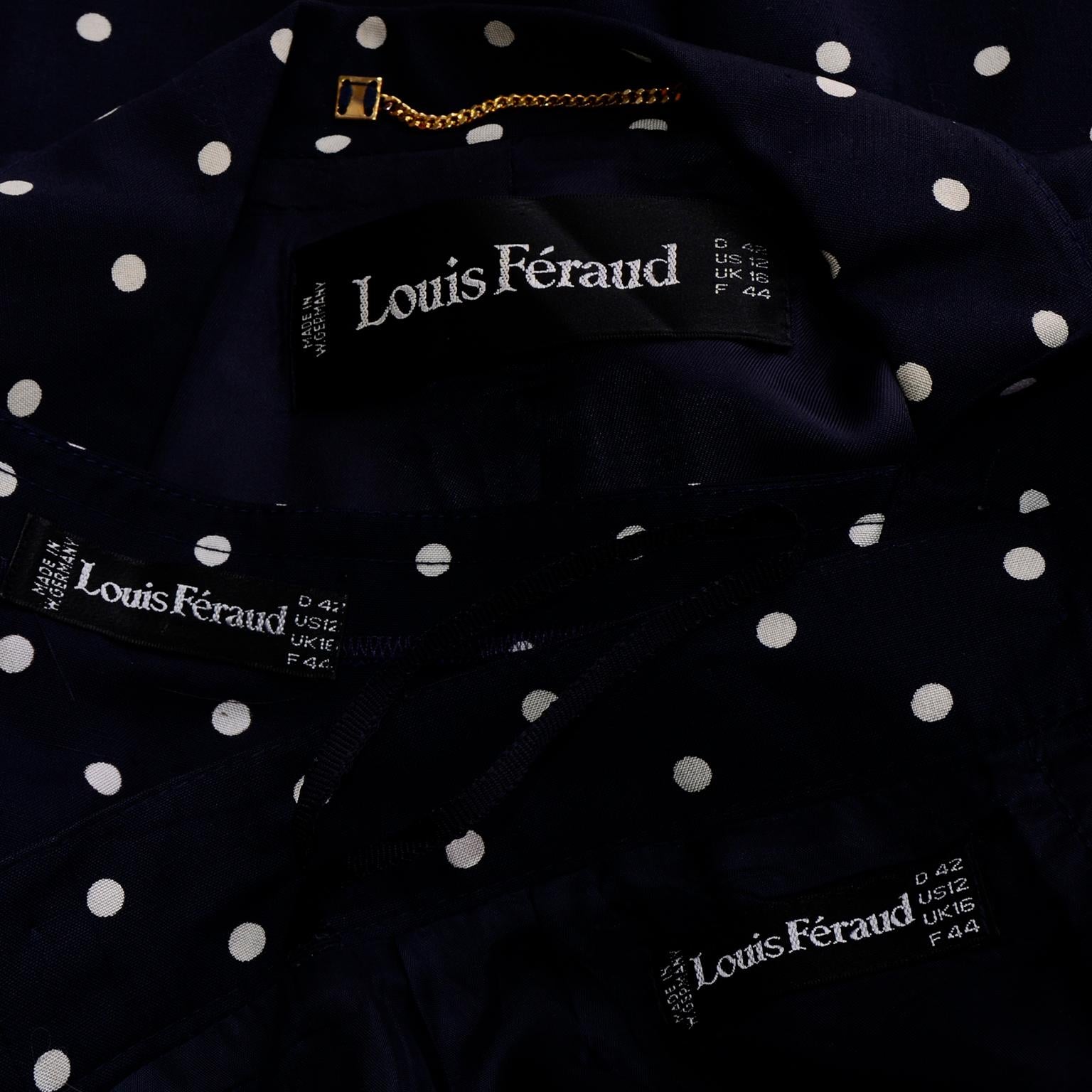 Louis Feraud Vintage Navy Polka Dot Peplum Top Pencil Skirt & Blazer Jacket Suit For Sale 5