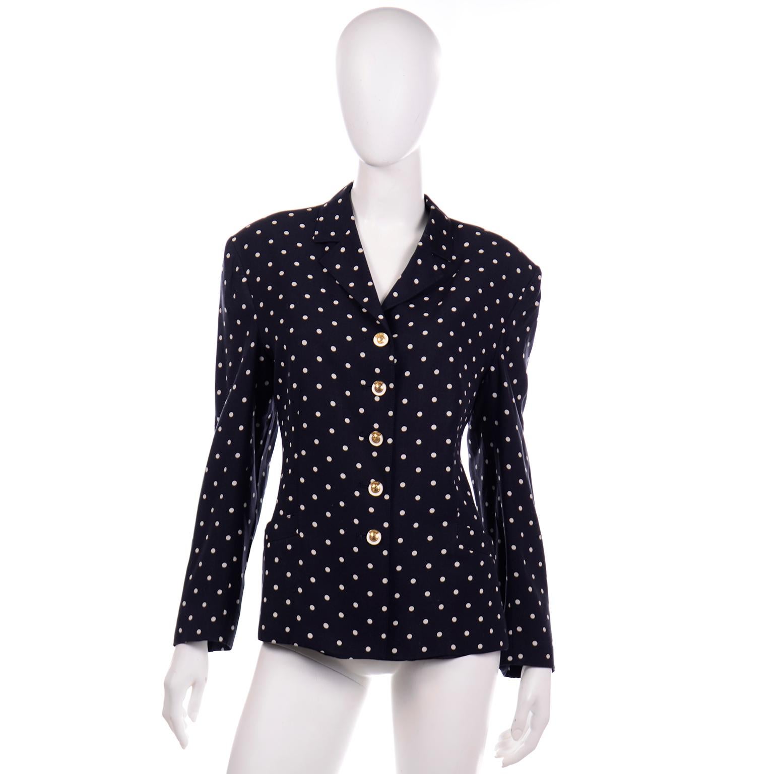 Louis Feraud Vintage Navy Polka Dot Peplum Top Pencil Skirt & Blazer Jacket Suit In Excellent Condition For Sale In Portland, OR