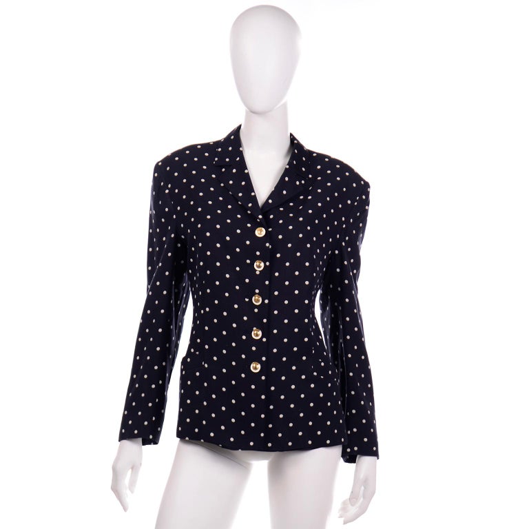 Louis Feraud Vintage Navy Polka Dot Peplum Top Pencil Skirt & Blazer Jacket Suit For Sale 2