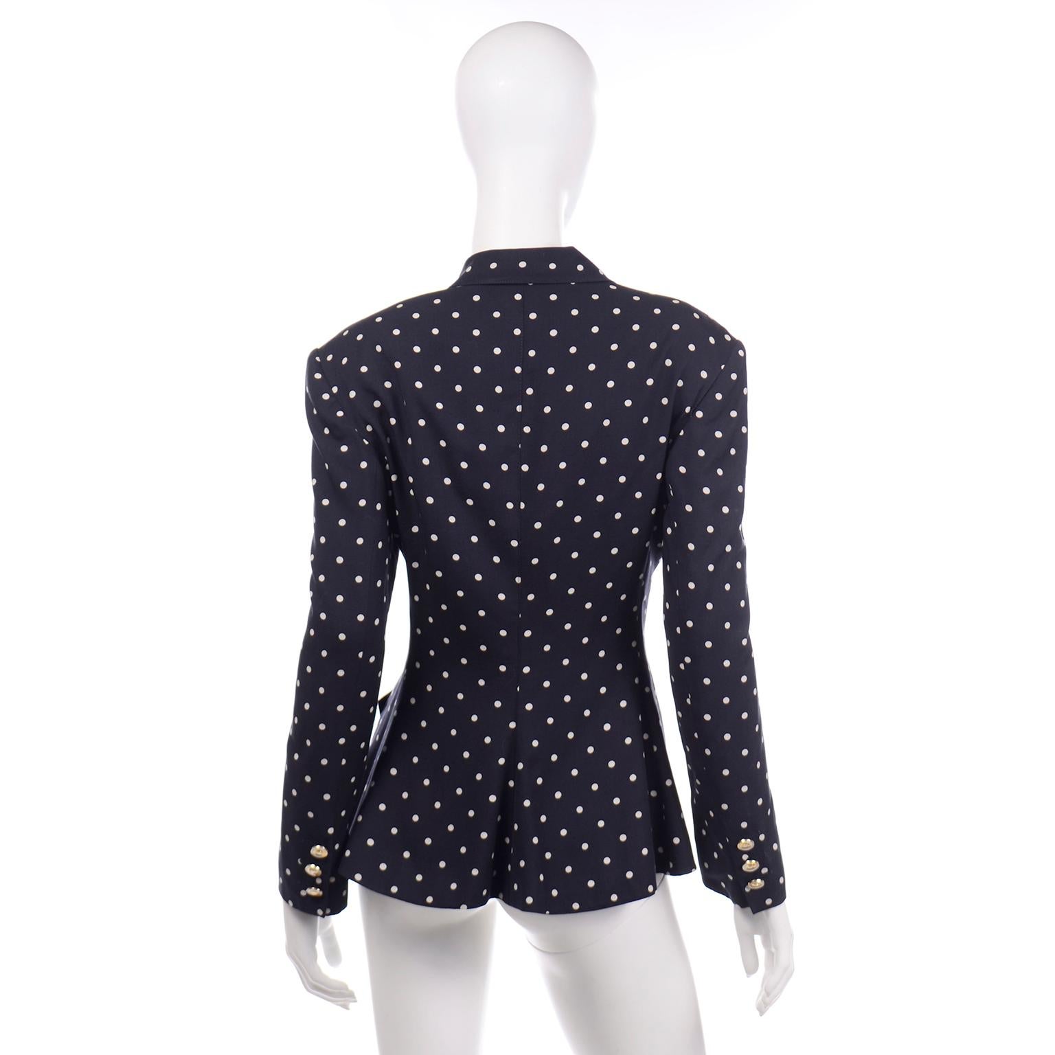 Women's Louis Feraud Vintage Navy Polka Dot Peplum Top Pencil Skirt & Blazer Jacket Suit For Sale