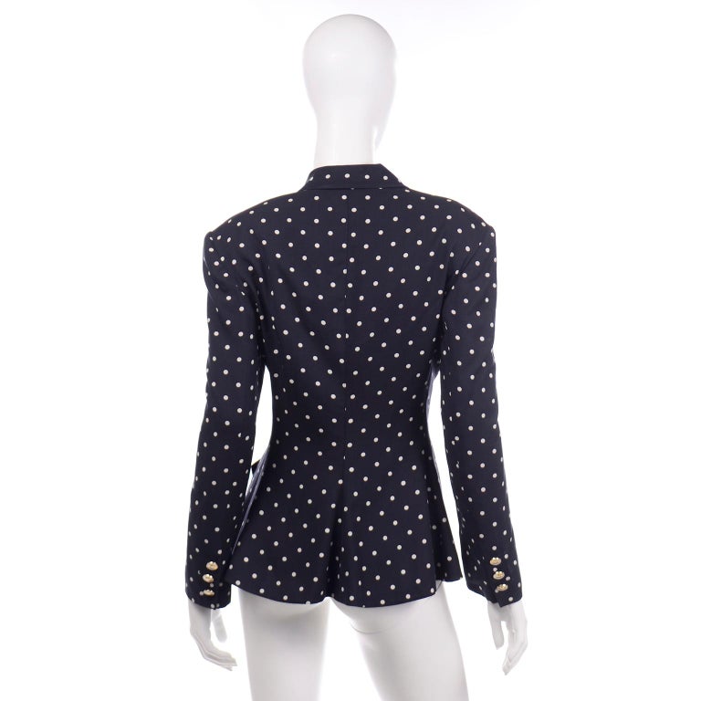 Louis Feraud Vintage Navy Polka Dot Peplum Top Pencil Skirt & Blazer Jacket Suit For Sale 3