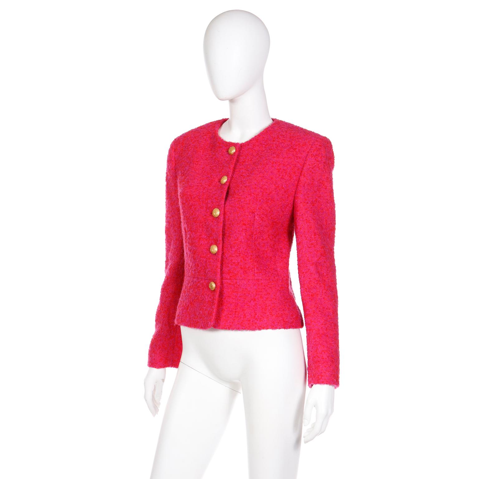 Louis Feraud Vintage Pink Red Purple Boucle Mohair Wool Cropped Jacket In Excellent Condition For Sale In Portland, OR