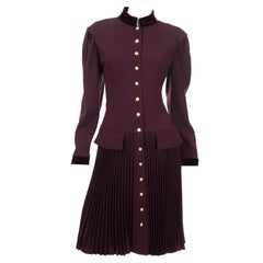 Louis Feraud Vintage Plum Red Wool Dress w Velvet Trim & Gold Monogram Buttons