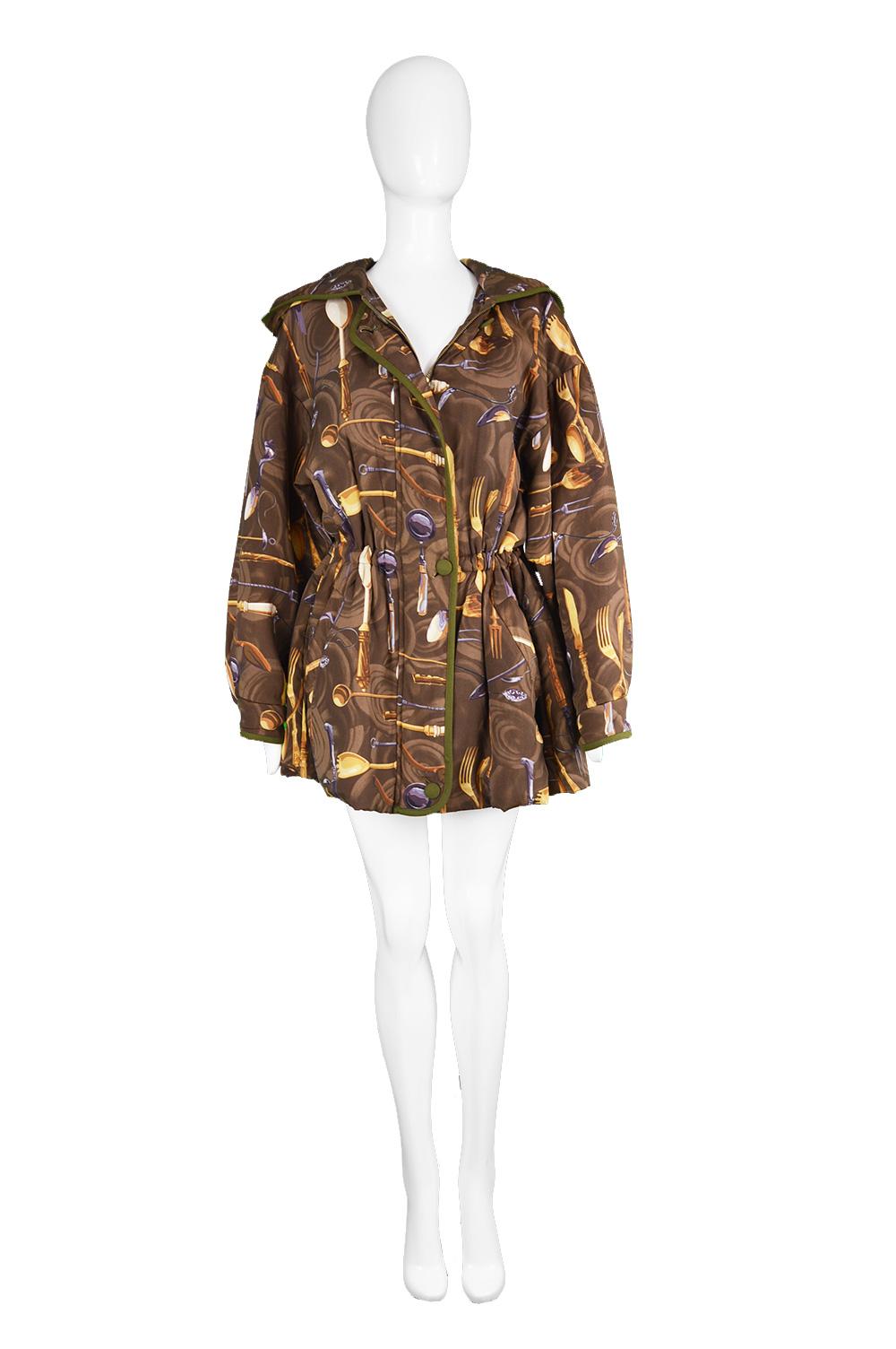 Louis Féraud Vintage Silk Blend Women's Novelty Cutlery Print Parka Coat, 1980s

Size: Marked US 8 / UK 12 / F 40 but would suit a women's Small to Medium due to intentionally loose, batwing fit. Please check measurements & description by clicking