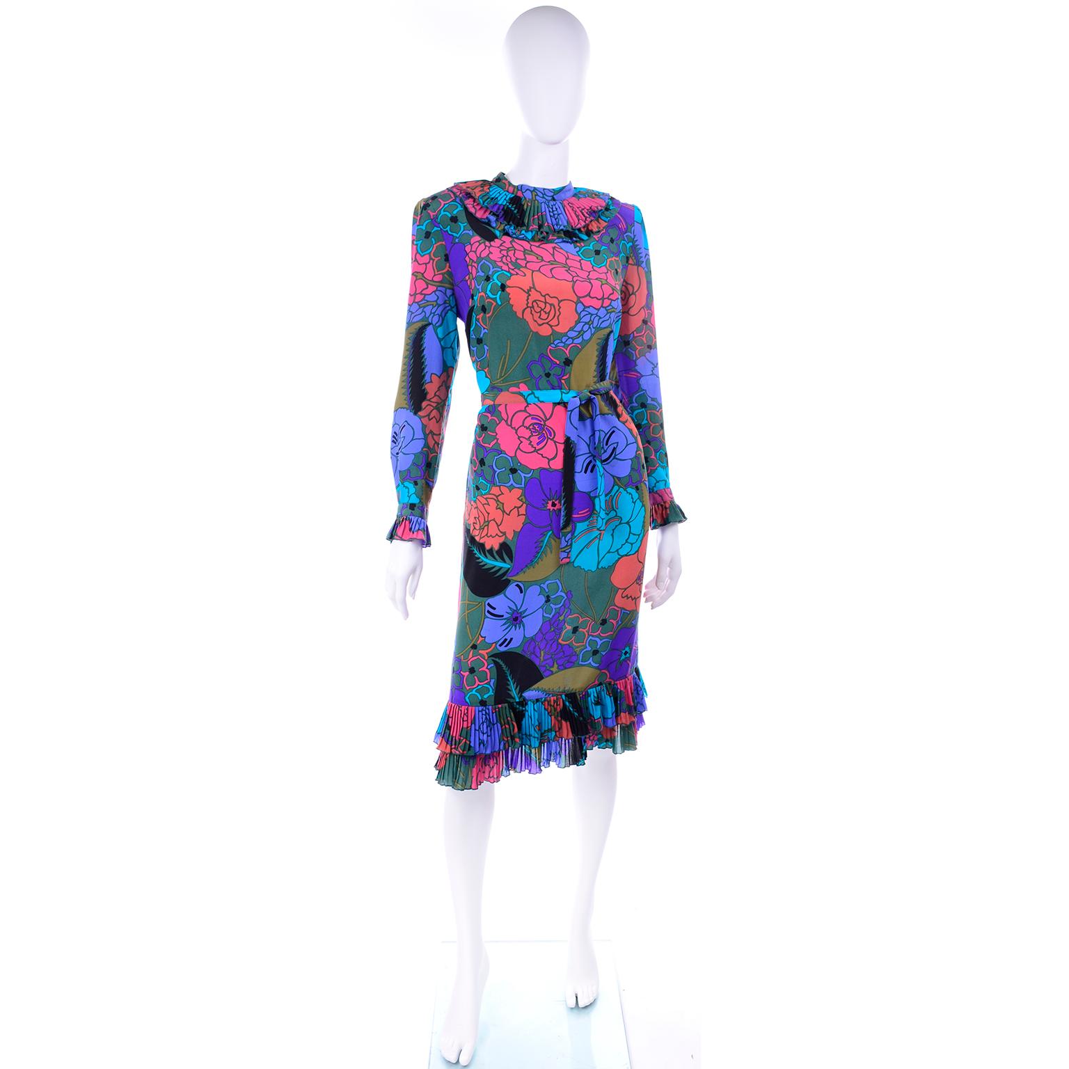 Louis Feraud Vintage Purple Green Blue Pink Floral Silk Dress W/ Pleated Collar In Excellent Condition In Portland, OR