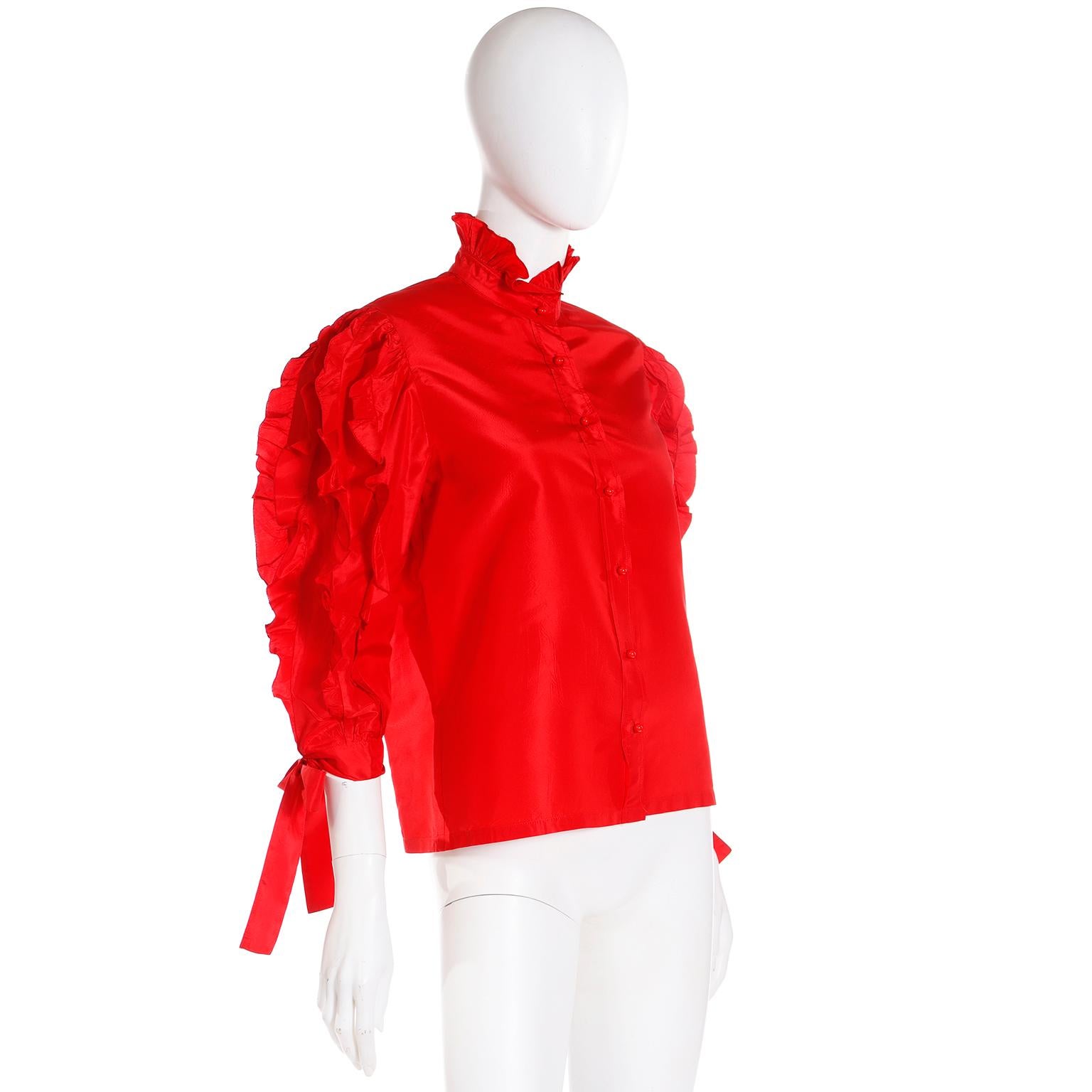 Louis Feraud Vintage Red Silk Satin Ruffled Blouse In Excellent Condition For Sale In Portland, OR